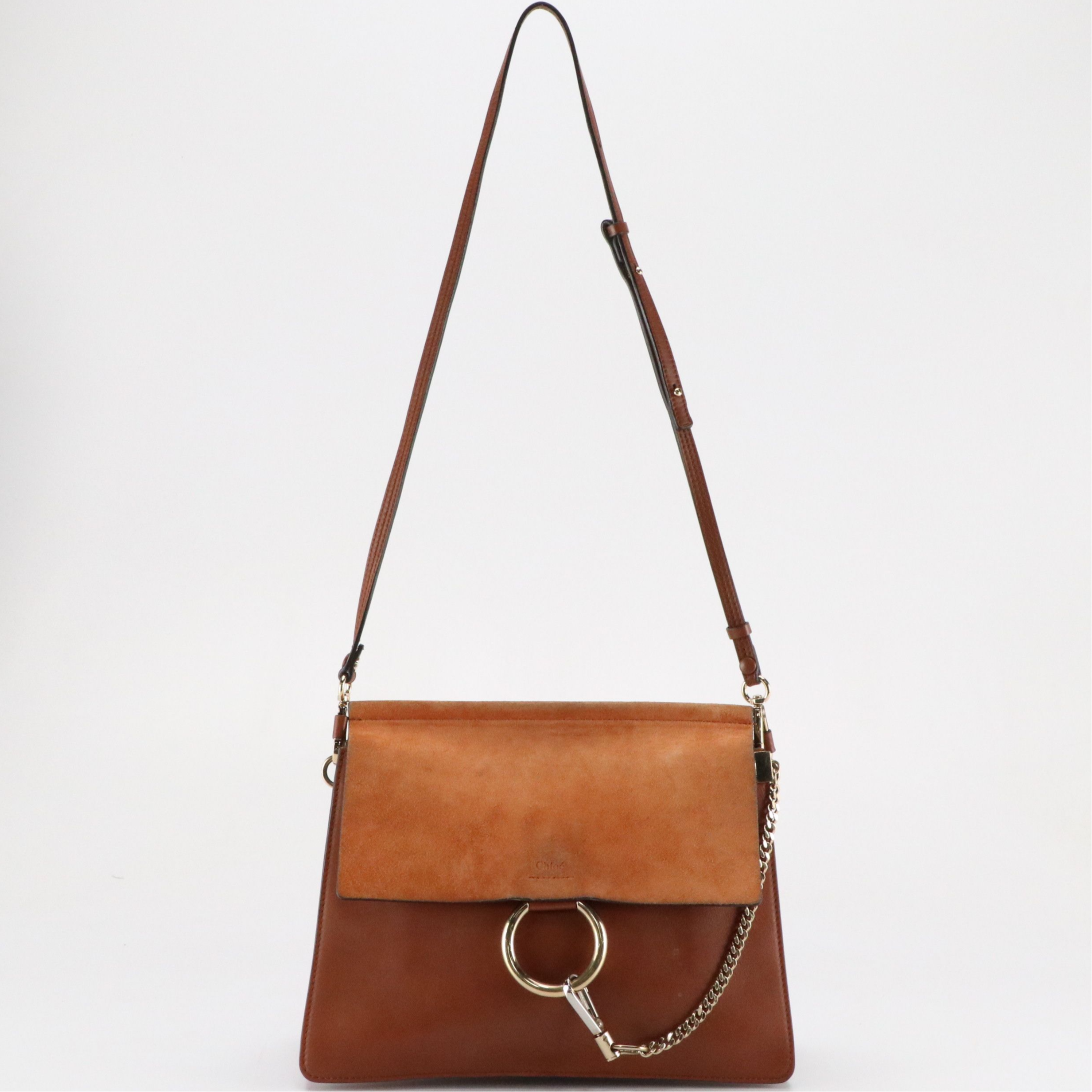 Chloé Large Faye Shoulder Bag in Tobacco Calfskin Leather and Suede