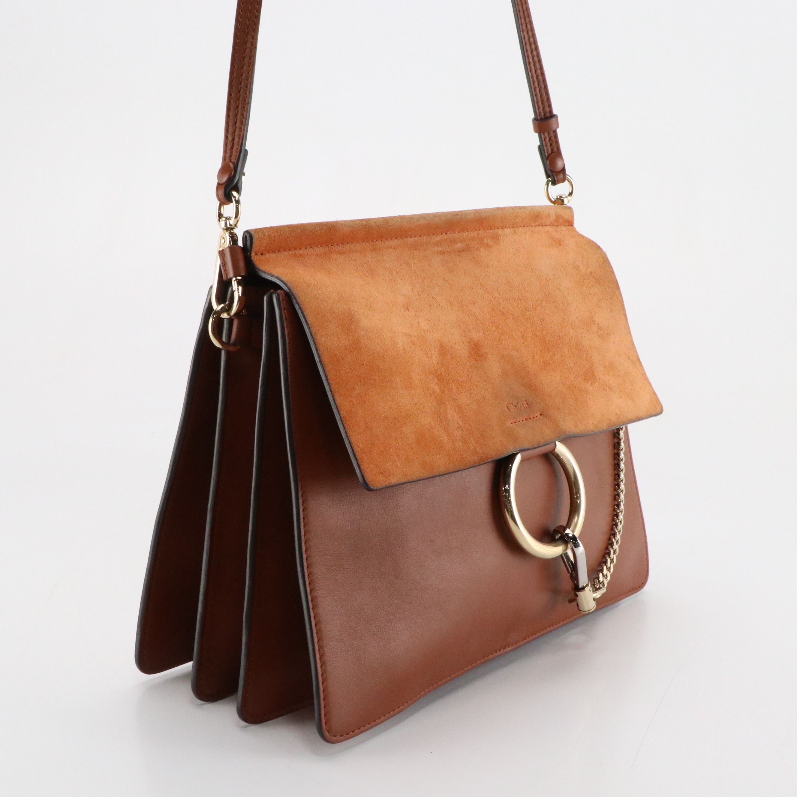 Chloé Large Faye Shoulder Bag in Tobacco Calfskin Leather and Suede