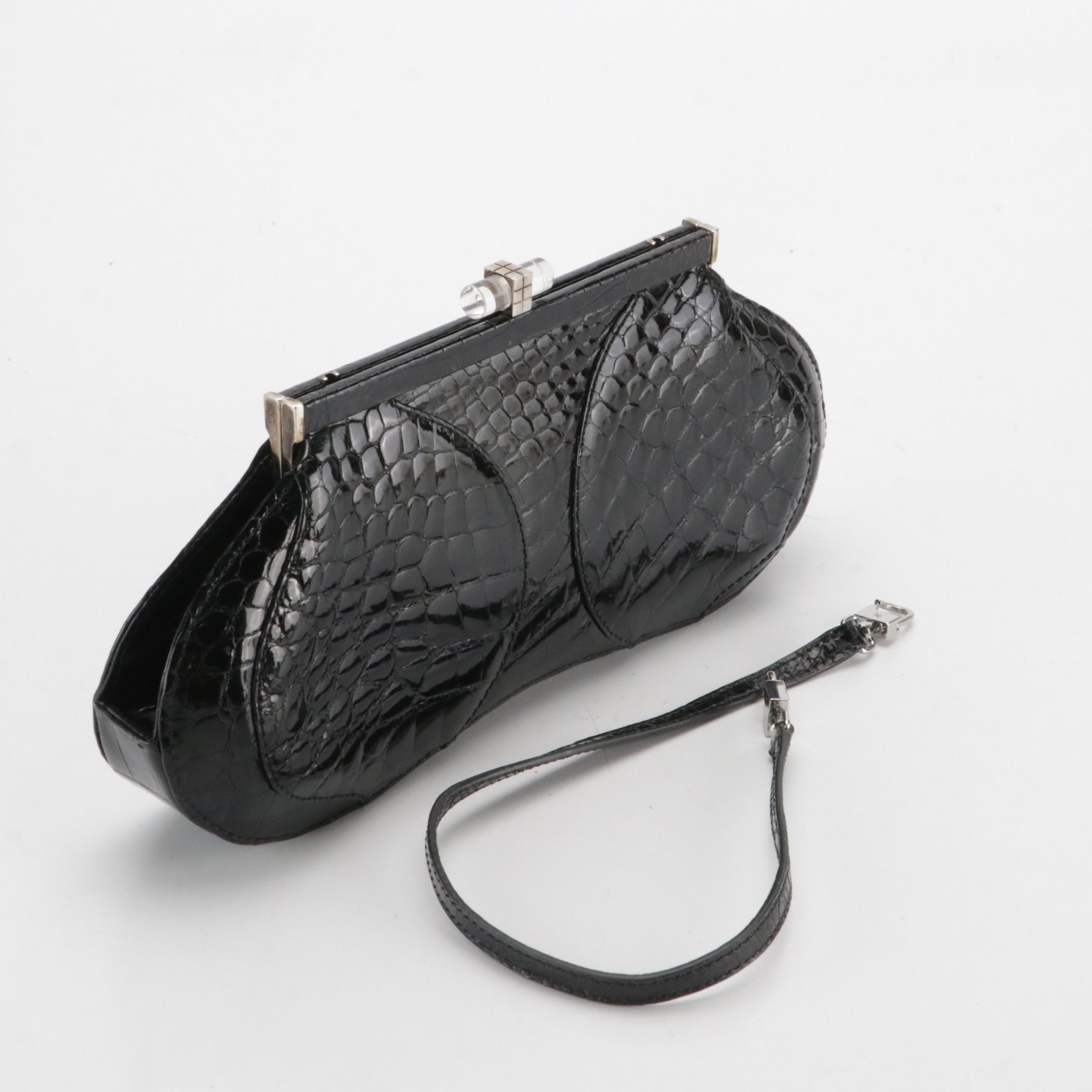 Kwanpen Shiny Black Crocodile Leather Clutch Bag