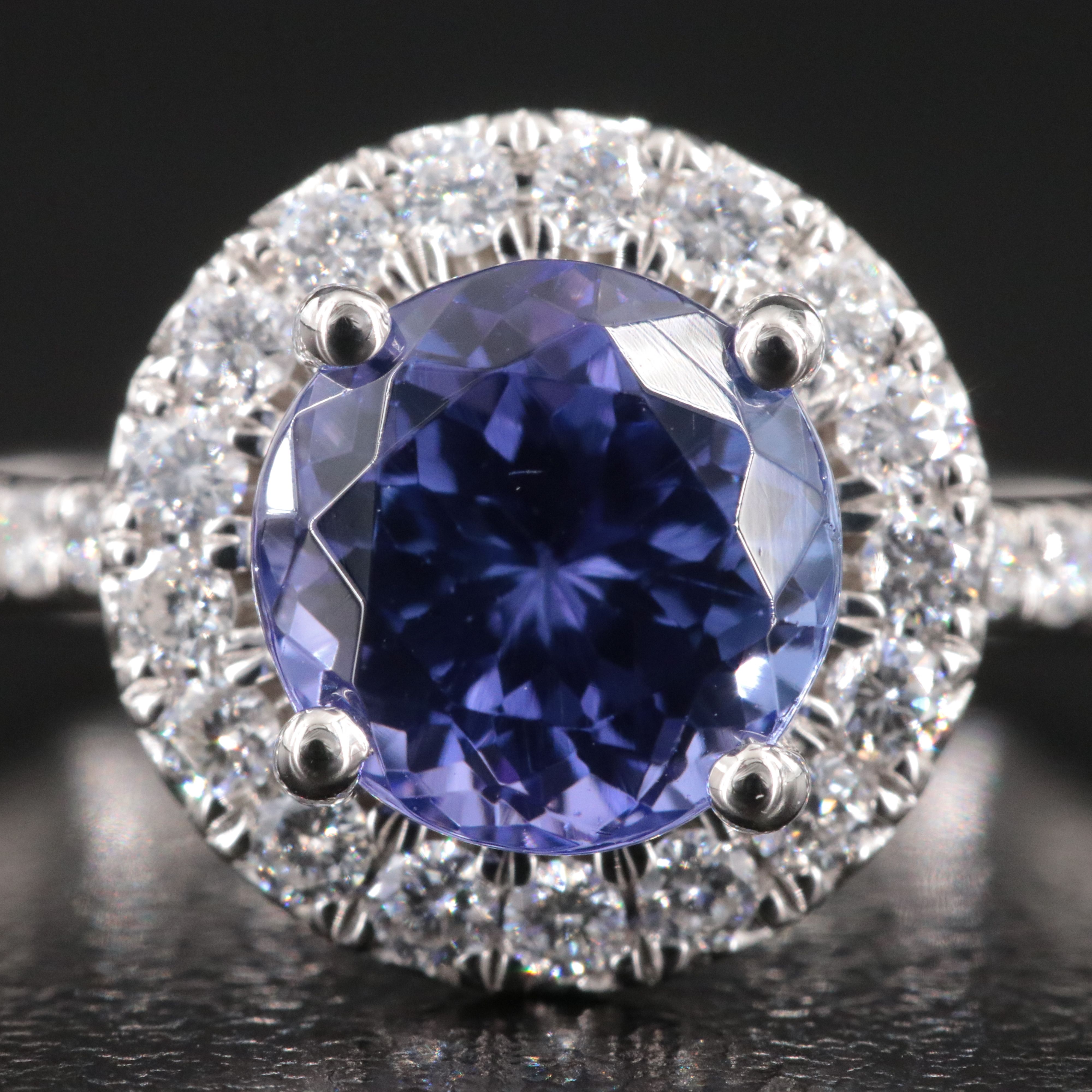 Platinum 2.33 CT Tanzanite Ring with Diamond Halo and Accents