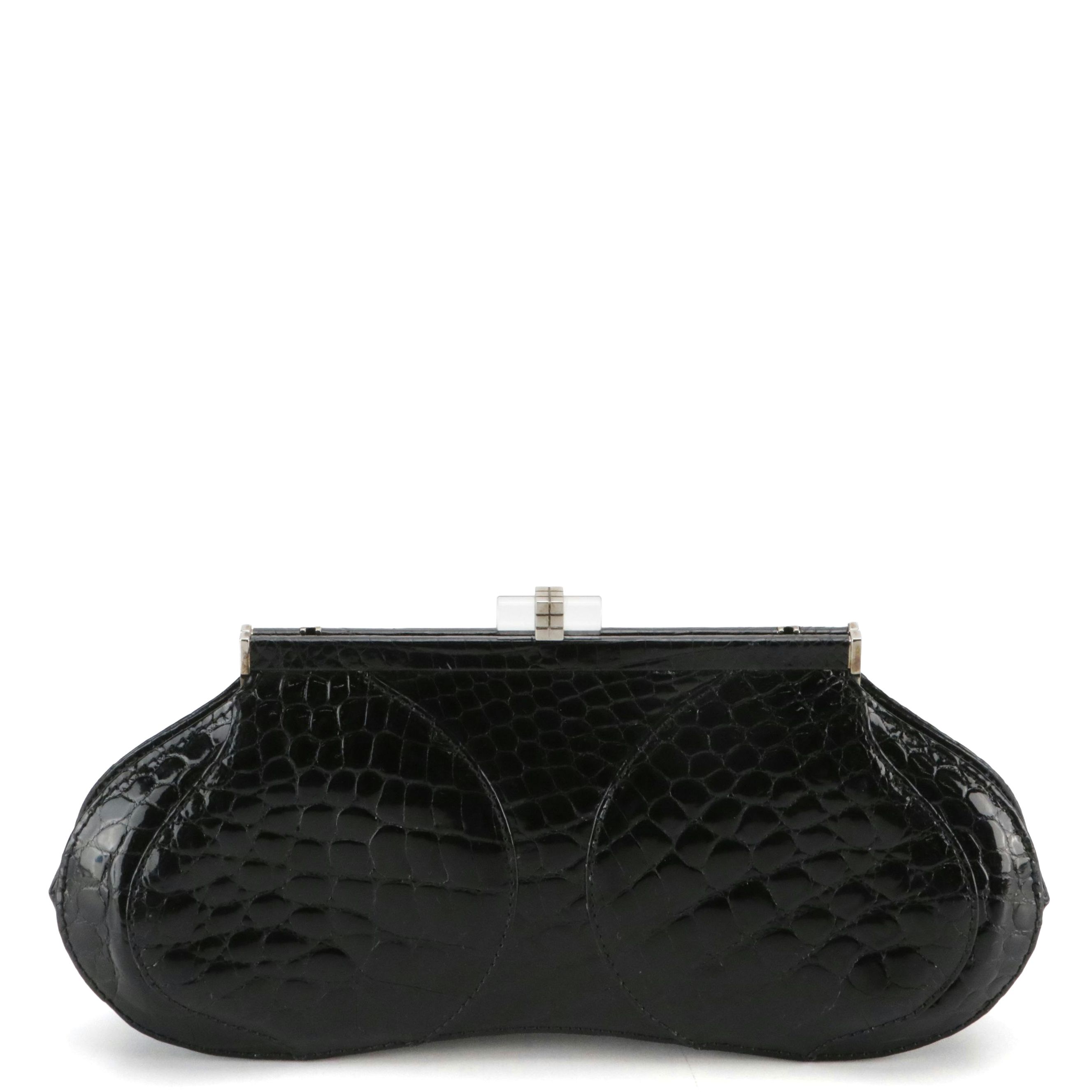 Kwanpen Shiny Black Crocodile Leather Clutch Bag