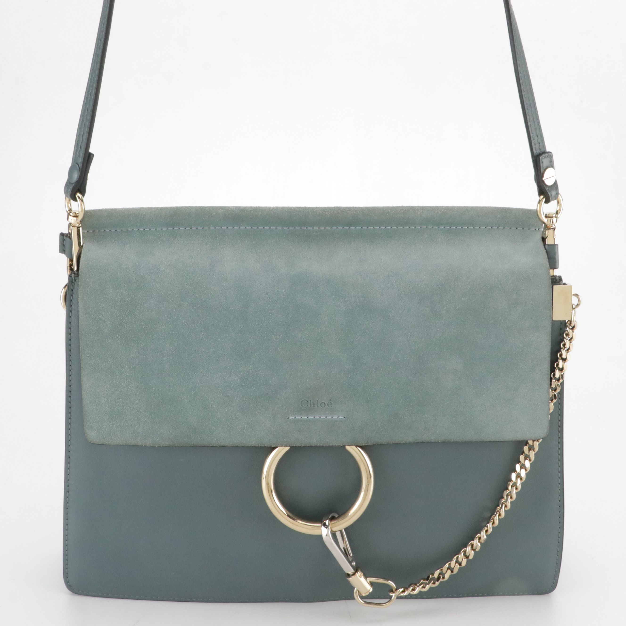 Chloé Large Faye Shoulder Bag in Teal Blue Calfskin Leather and Suede