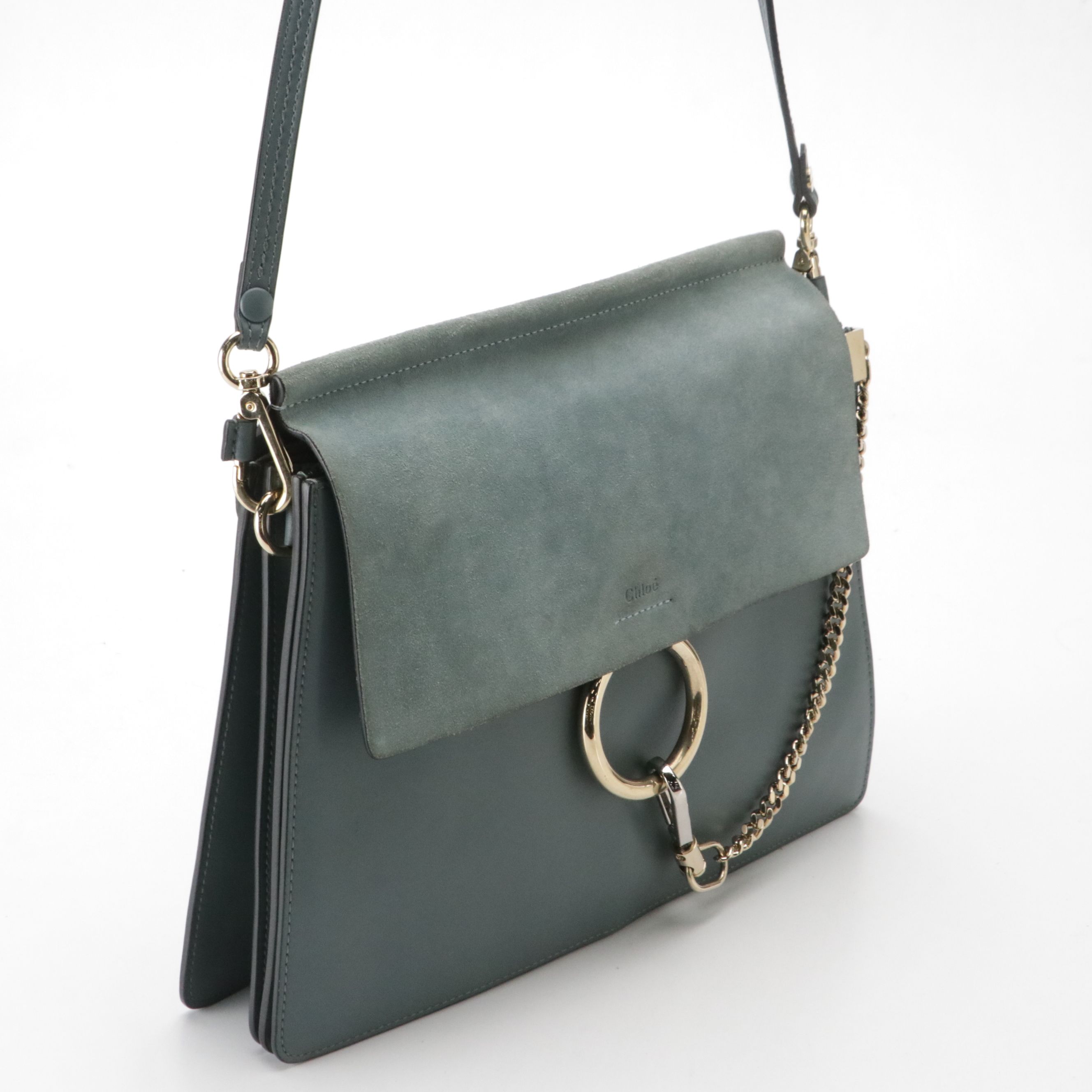 Chloé Large Faye Shoulder Bag in Teal Blue Calfskin Leather and Suede