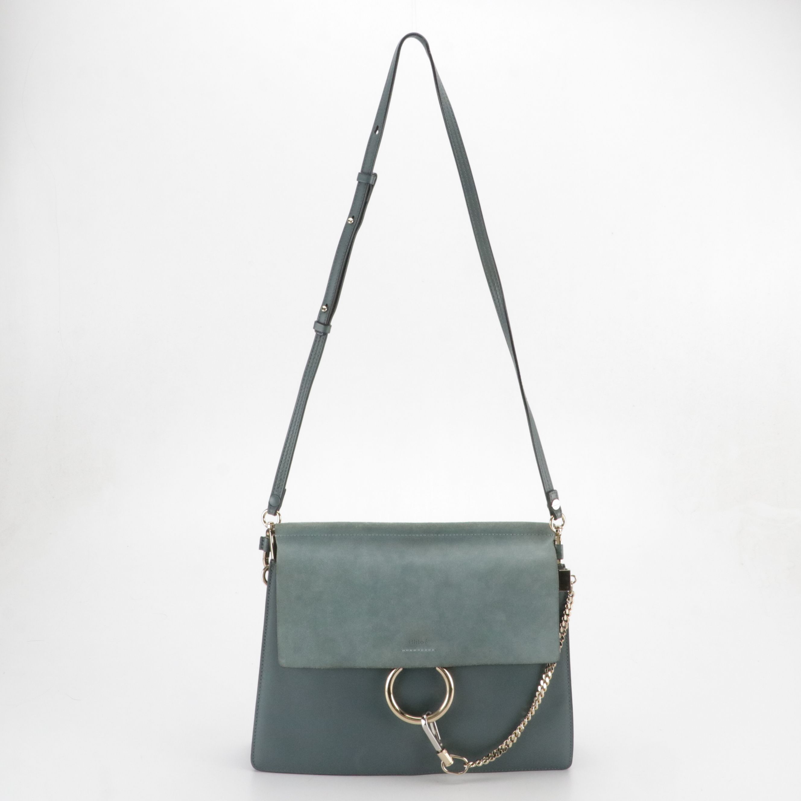 Chloé Large Faye Shoulder Bag in Teal Blue Calfskin Leather and Suede