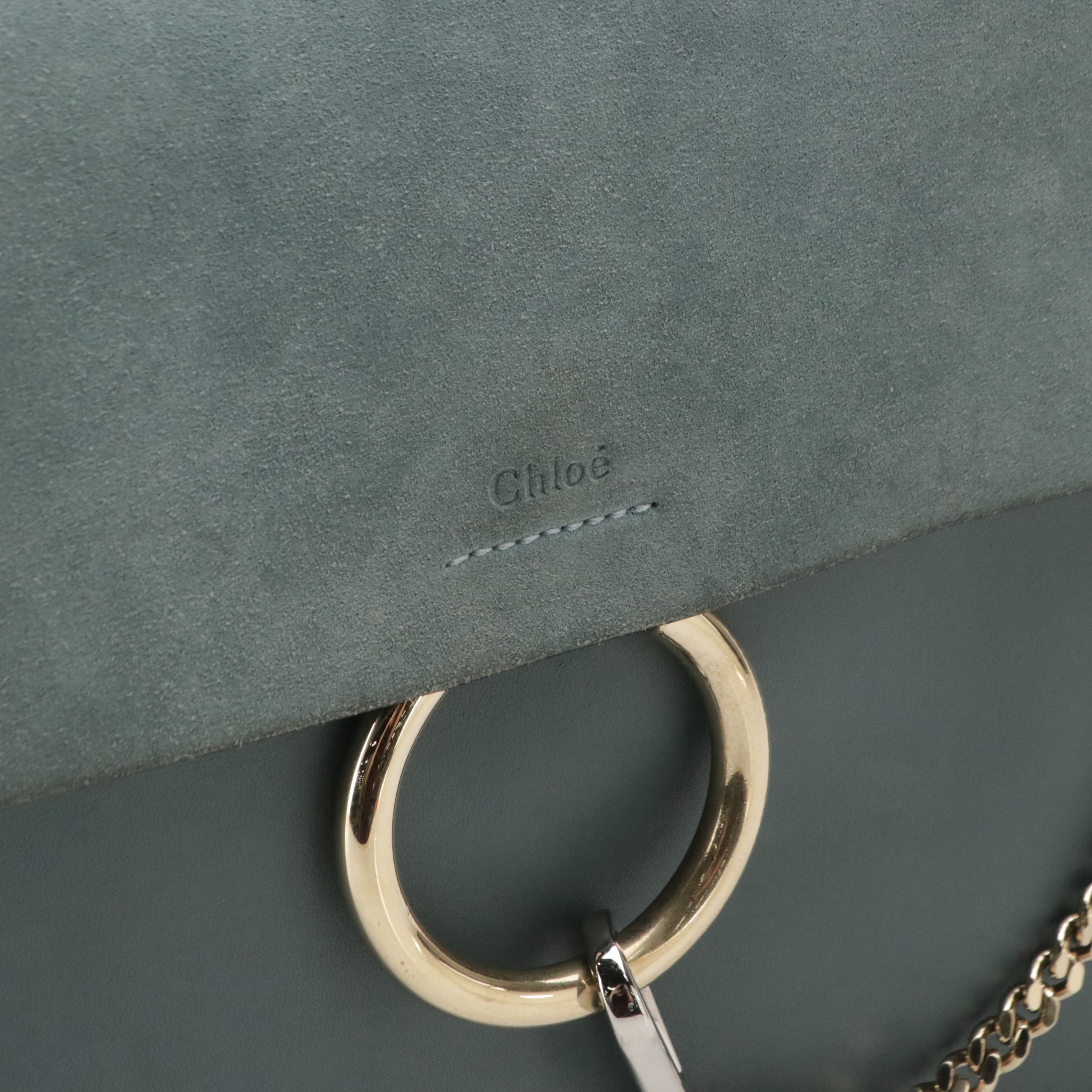 Chloé Large Faye Shoulder Bag in Teal Blue Calfskin Leather and Suede