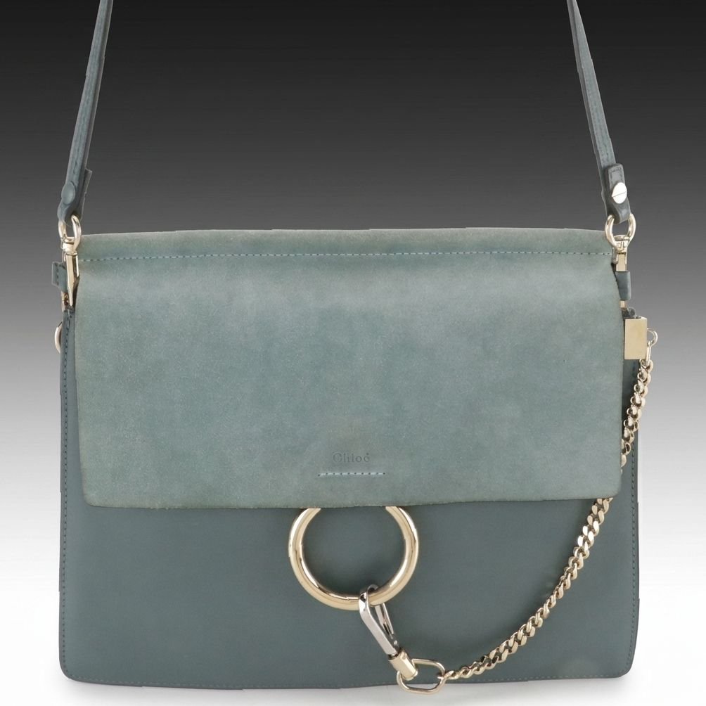 Chloé Large Faye Shoulder Bag in Teal Blue Calfskin Leather and Suede