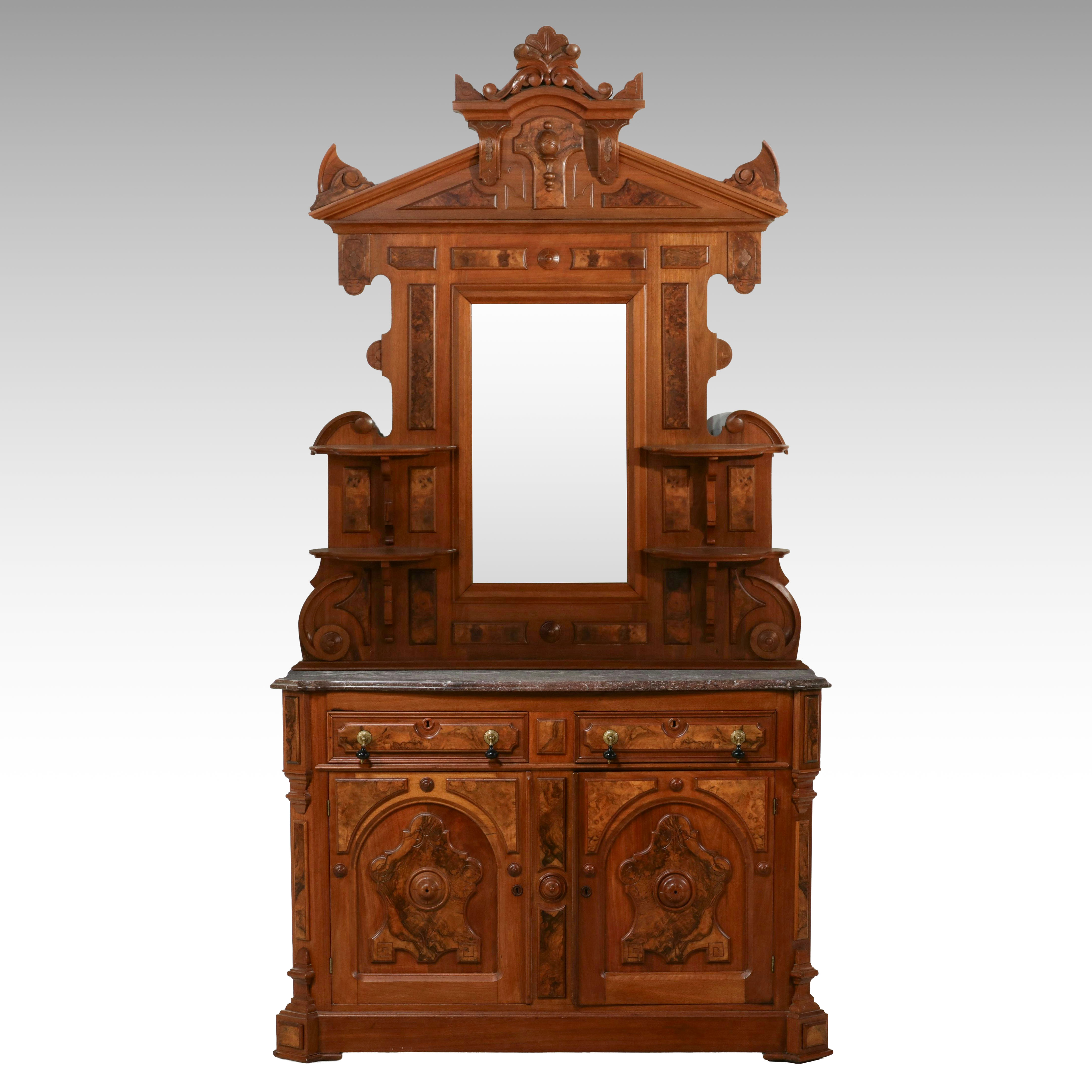 Eastlake Carved Walnut and Burled Buffet, Late 19th Century