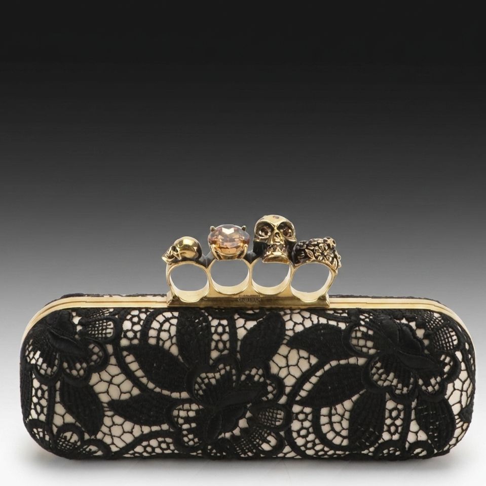 Alexander McQueen Skull Four-Ring Knuckle Clutch in B&W Floral Lace Overlay