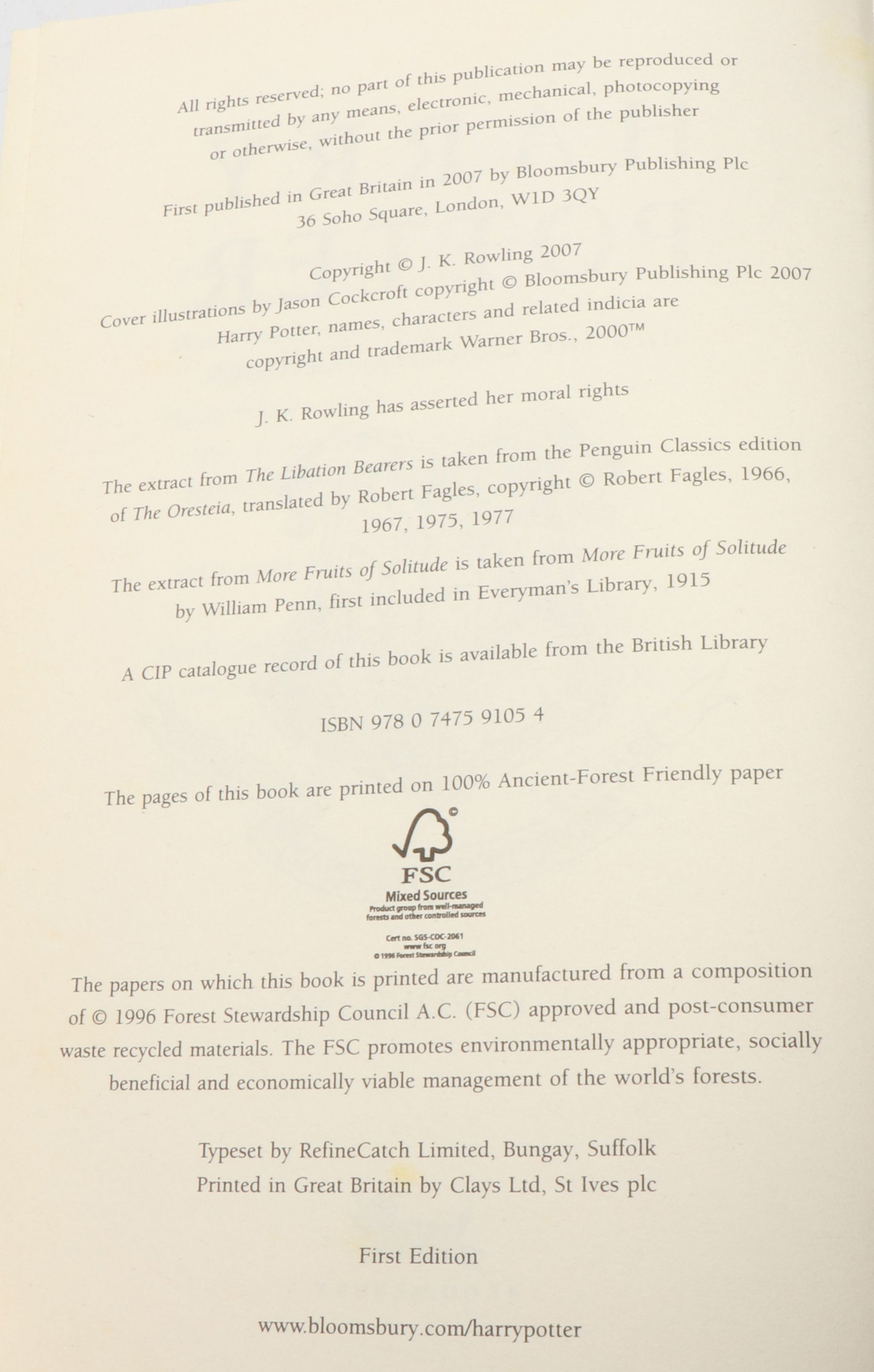 First UK Edition "Harry Potter and the Deathly Hallows" by J. K. Rowling