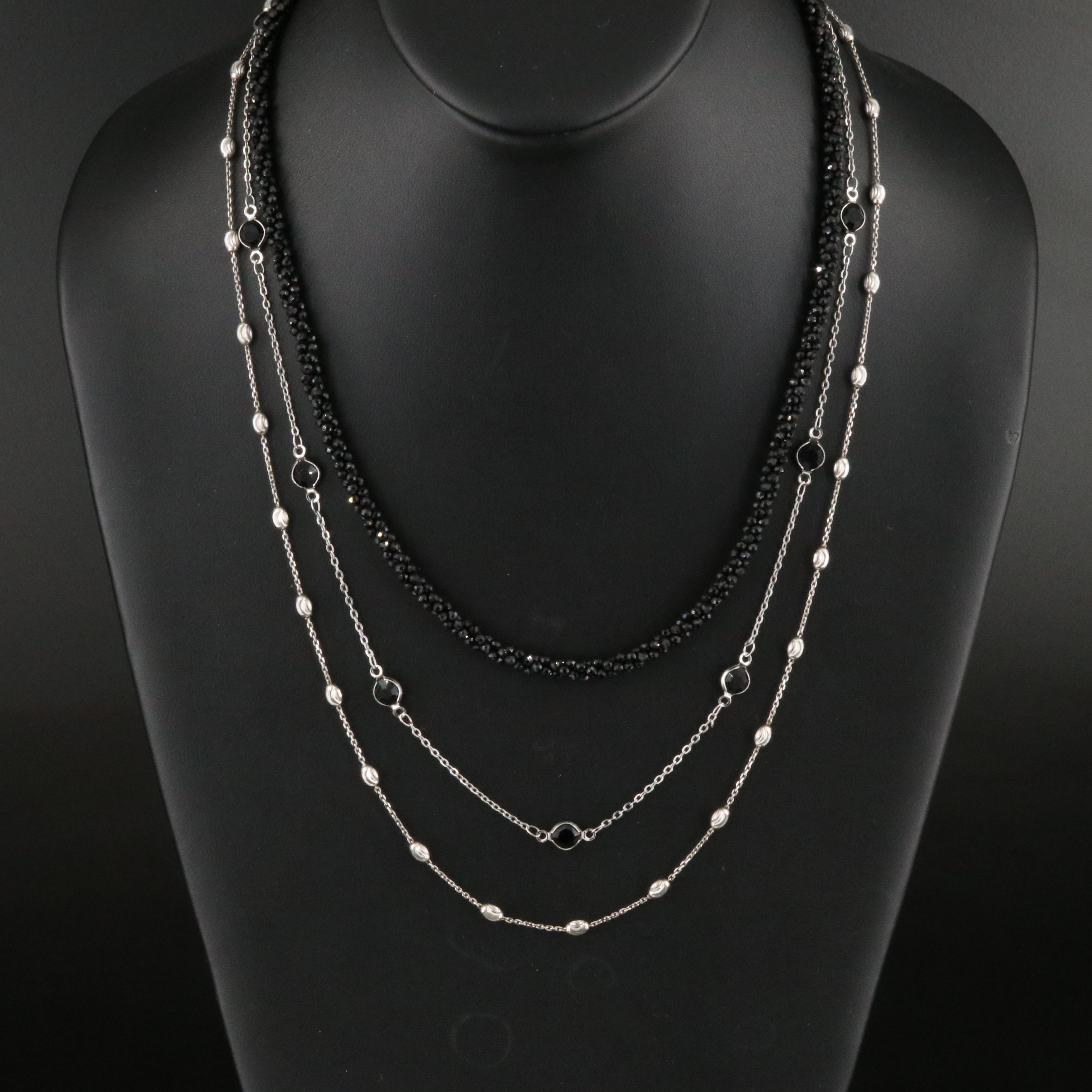 Sterling Featured in Black Spinel Bead and Station Necklace Trio