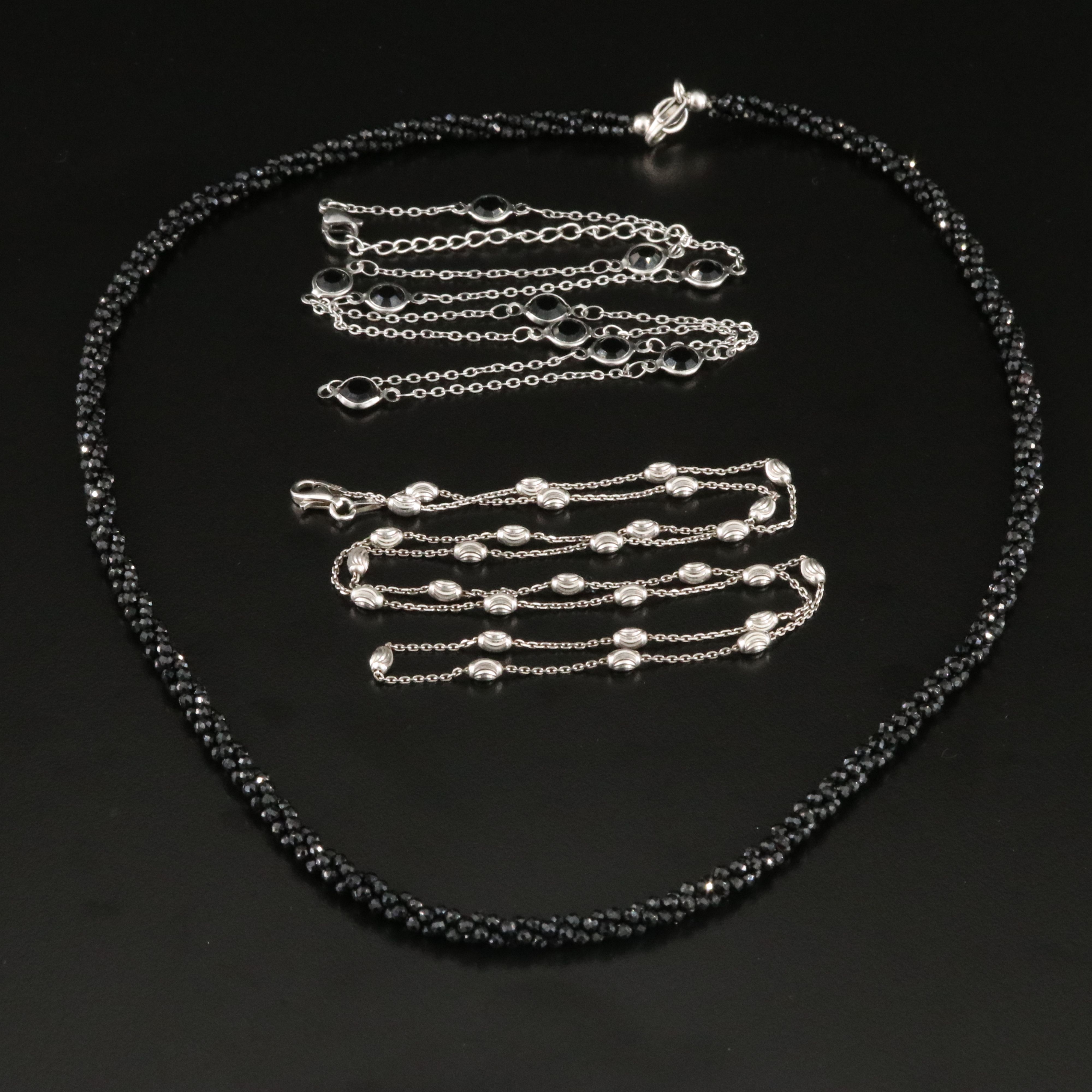 Sterling Featured in Black Spinel Bead and Station Necklace Trio