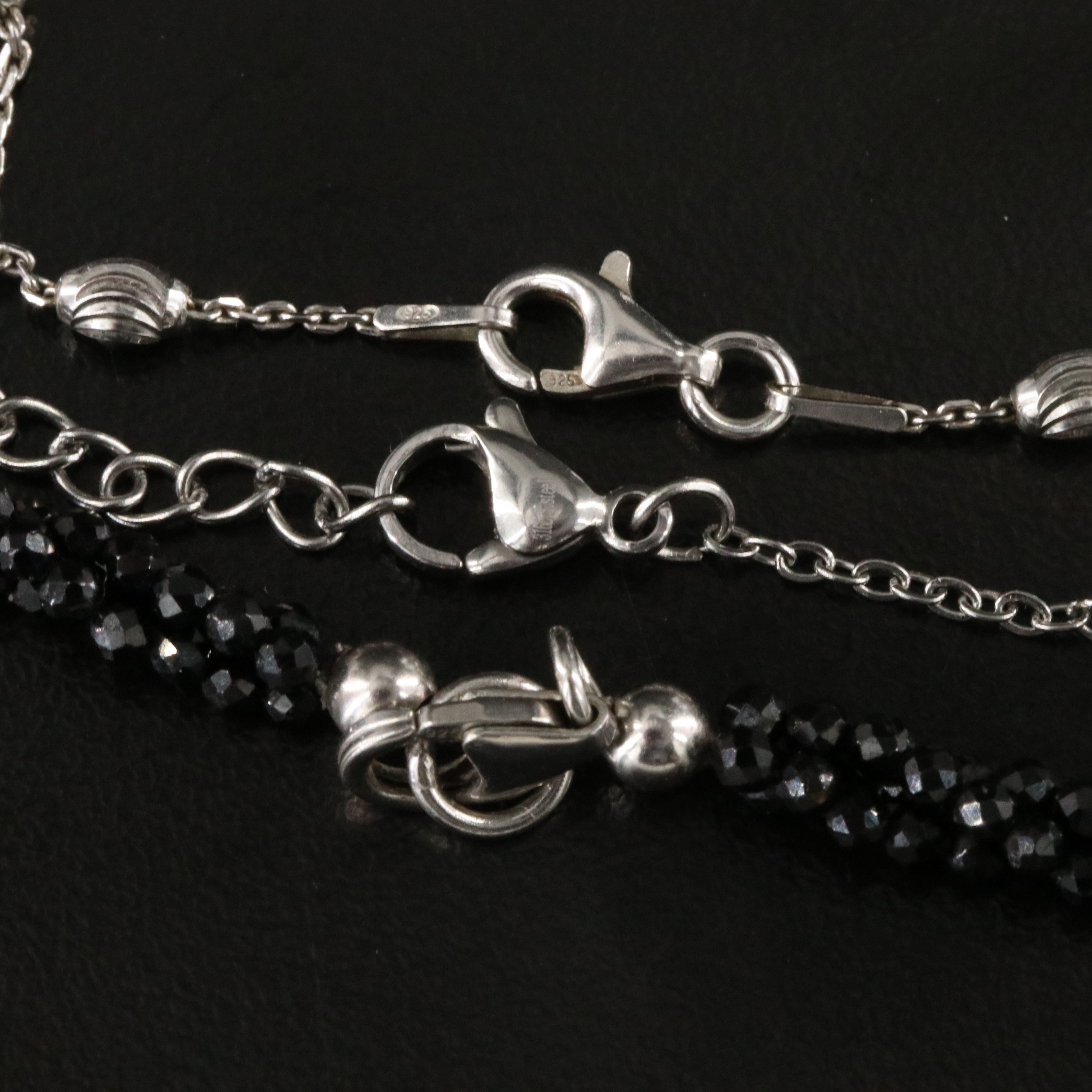 Sterling Featured in Black Spinel Bead and Station Necklace Trio