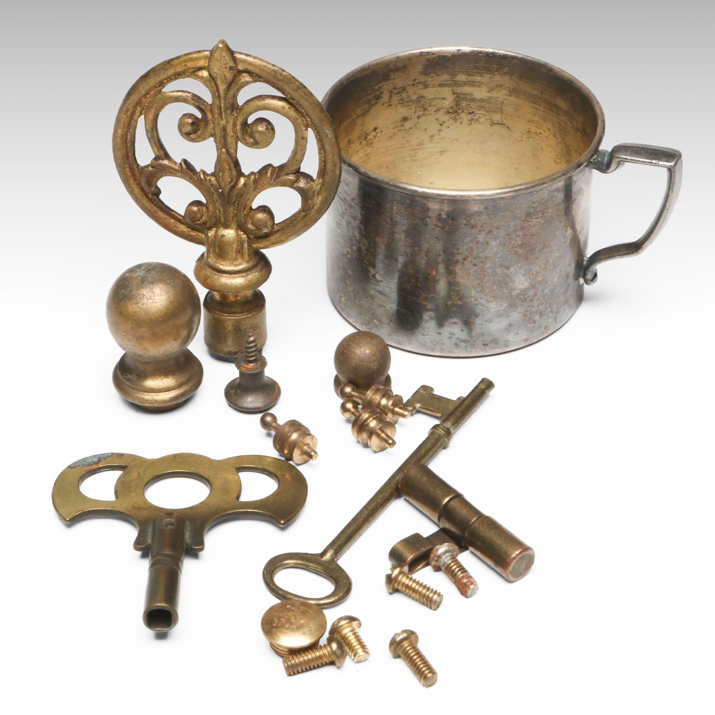 Oneida Silver Plate Child's Cup with Brass Lamp Finial, Keys and Hardware