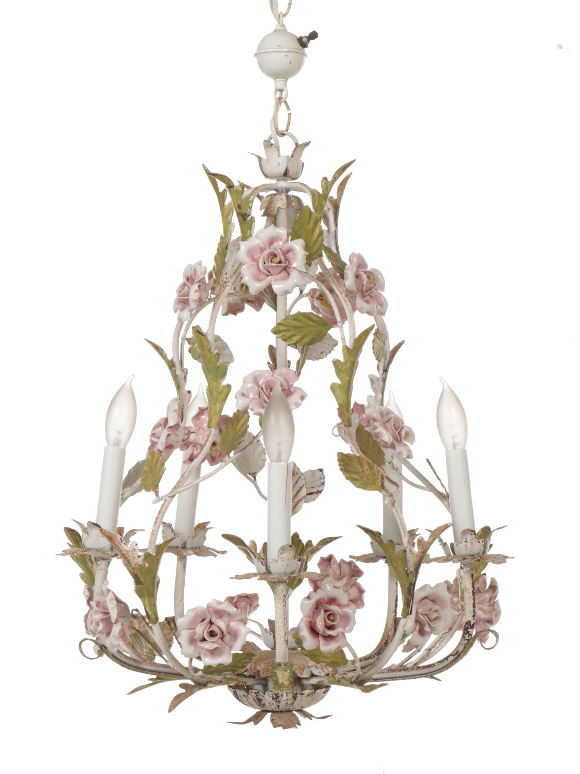 Italian Mid-Century Painted Tole Five-Arm Chandelier with Pink Porcelain Roses