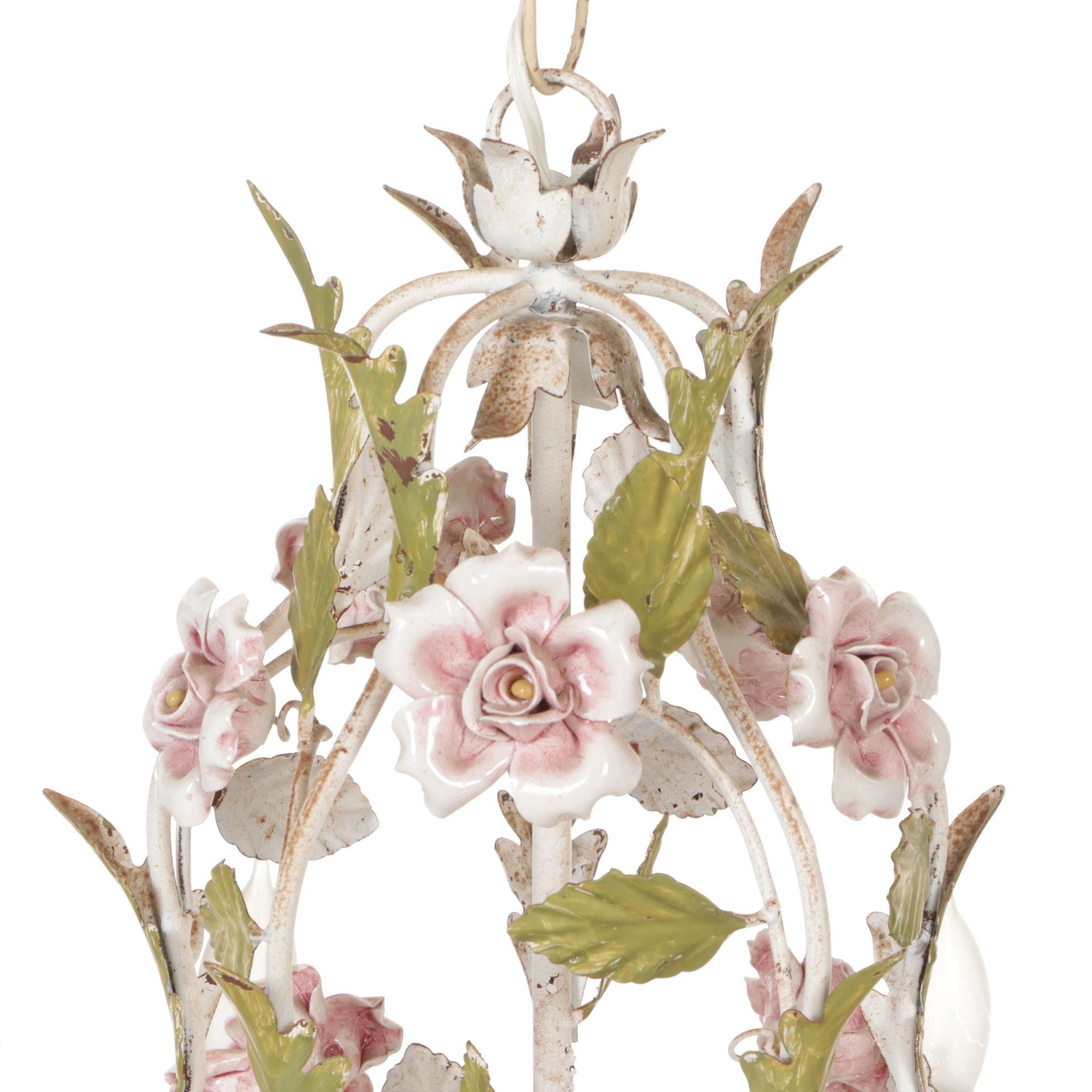 Italian Mid-Century Painted Tole Five-Arm Chandelier with Pink Porcelain Roses