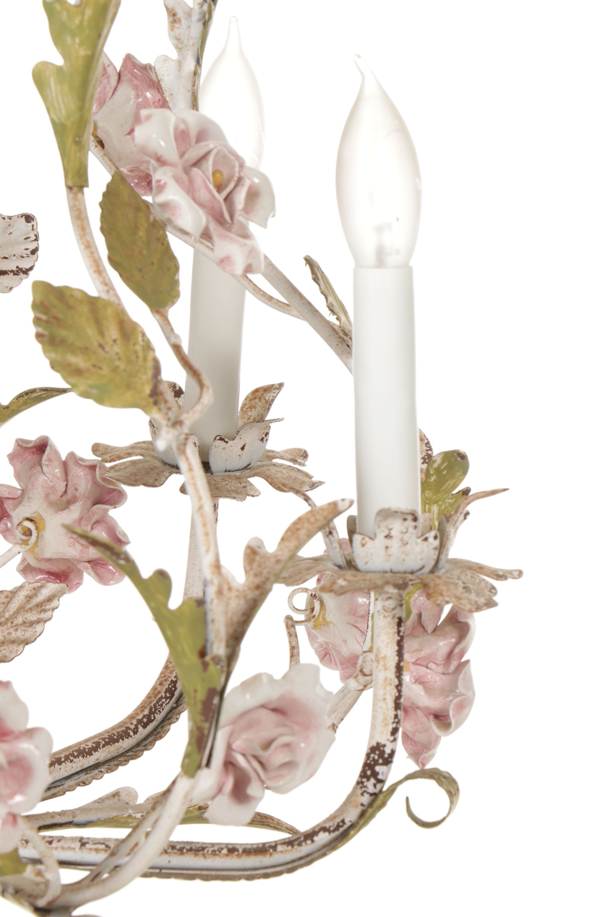Italian Mid-Century Painted Tole Five-Arm Chandelier with Pink Porcelain Roses