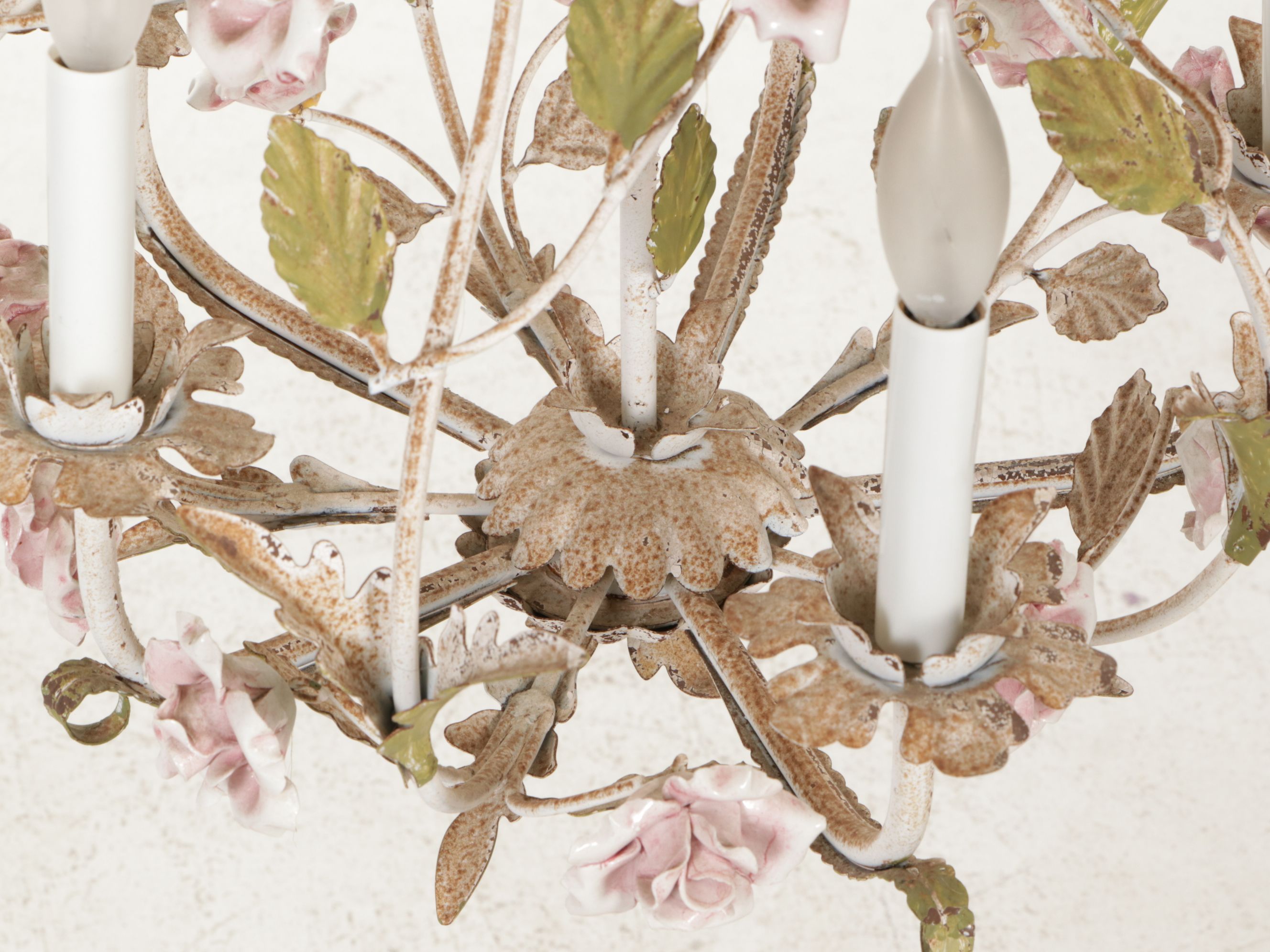 Italian Mid-Century Painted Tole Five-Arm Chandelier with Pink Porcelain Roses
