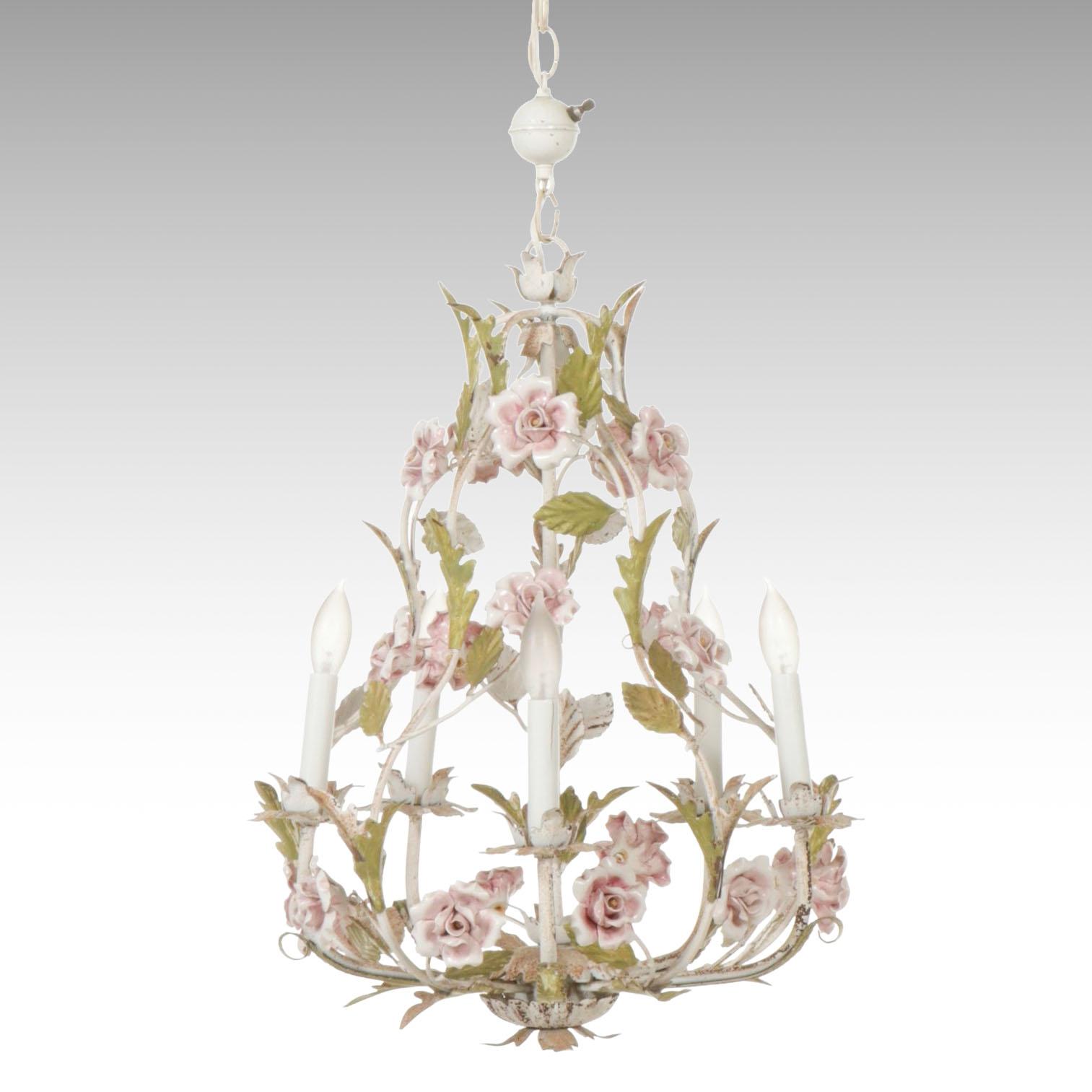 Italian Mid-Century Painted Tole Five-Arm Chandelier with Pink Porcelain Roses