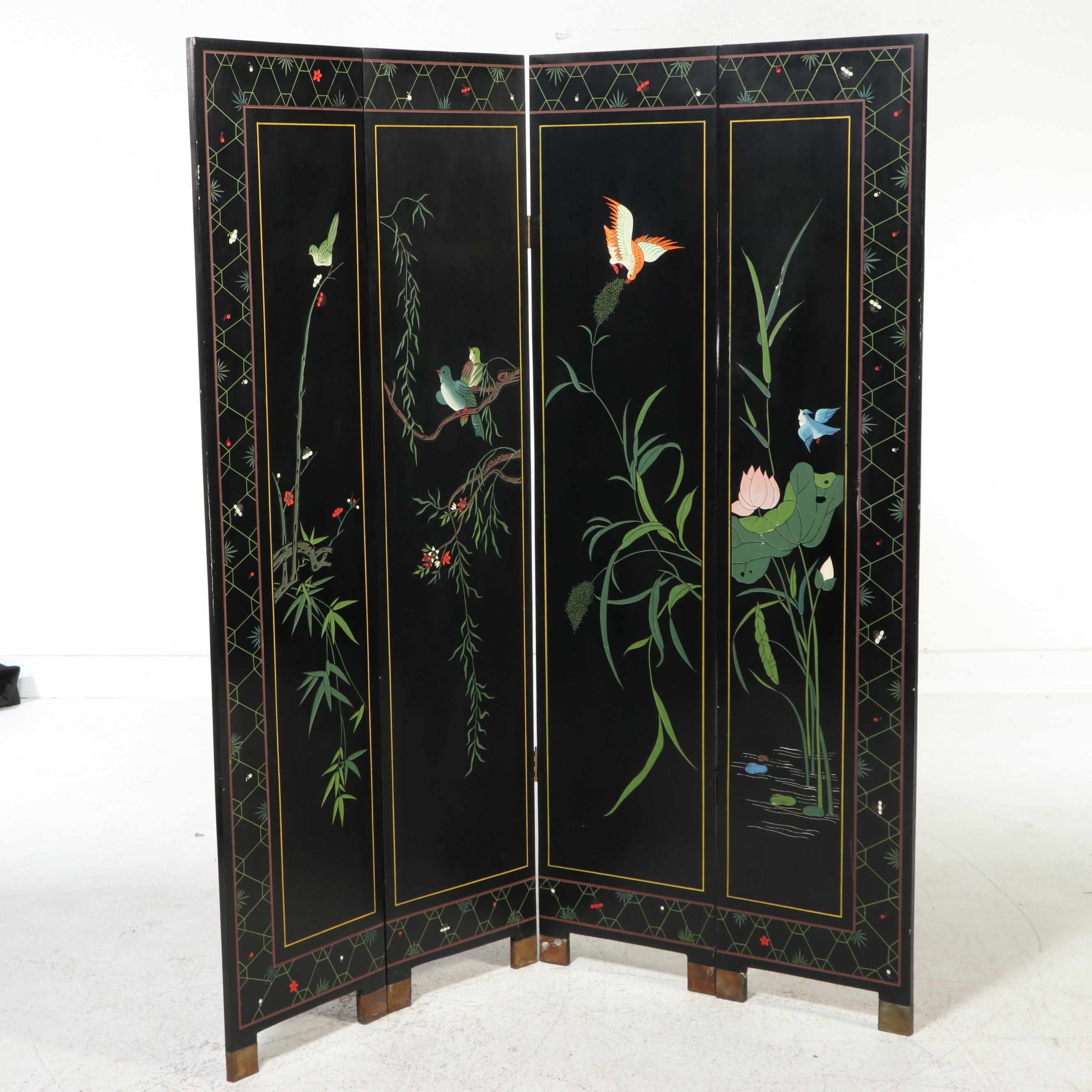 Chinese Four-Panel Reversible Lacquered Room Divider, Late 20th Century