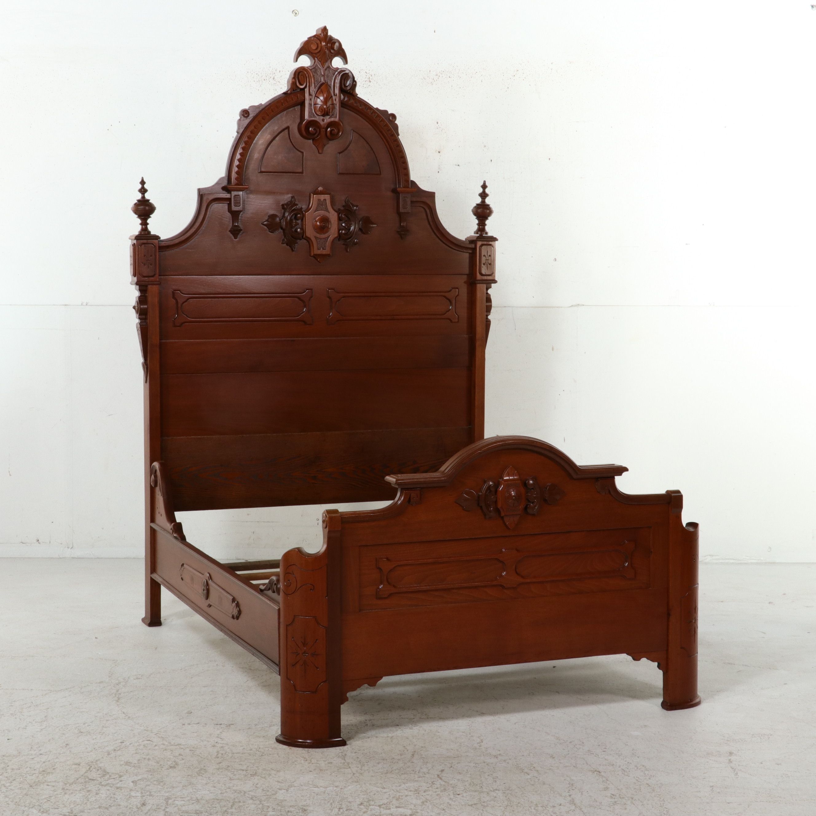 Eastlake Carved Walnut and Burl full Size Bed Frame