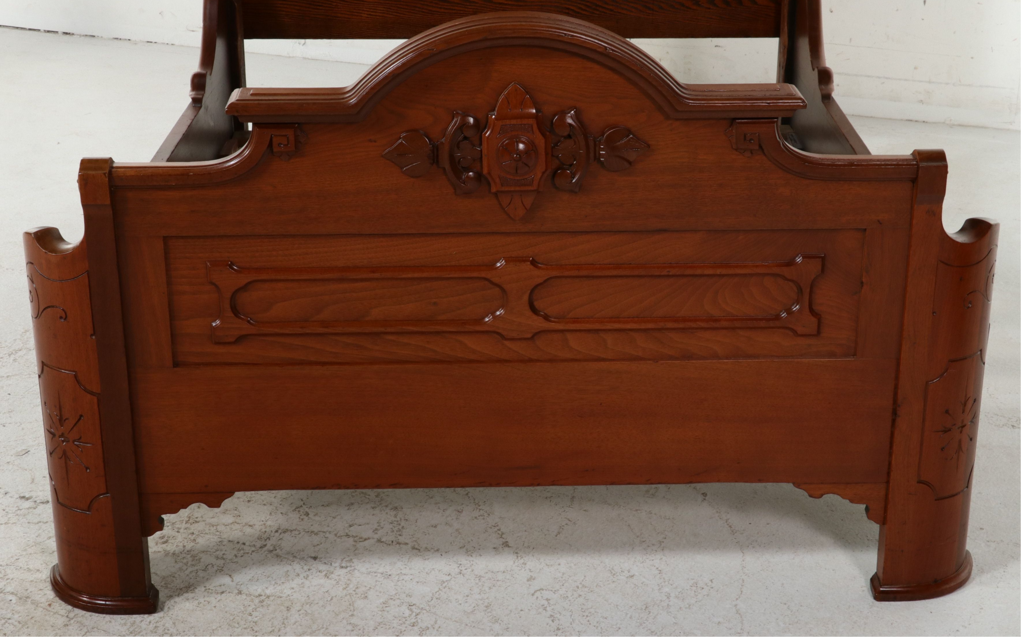 Eastlake Carved Walnut and Burl full Size Bed Frame