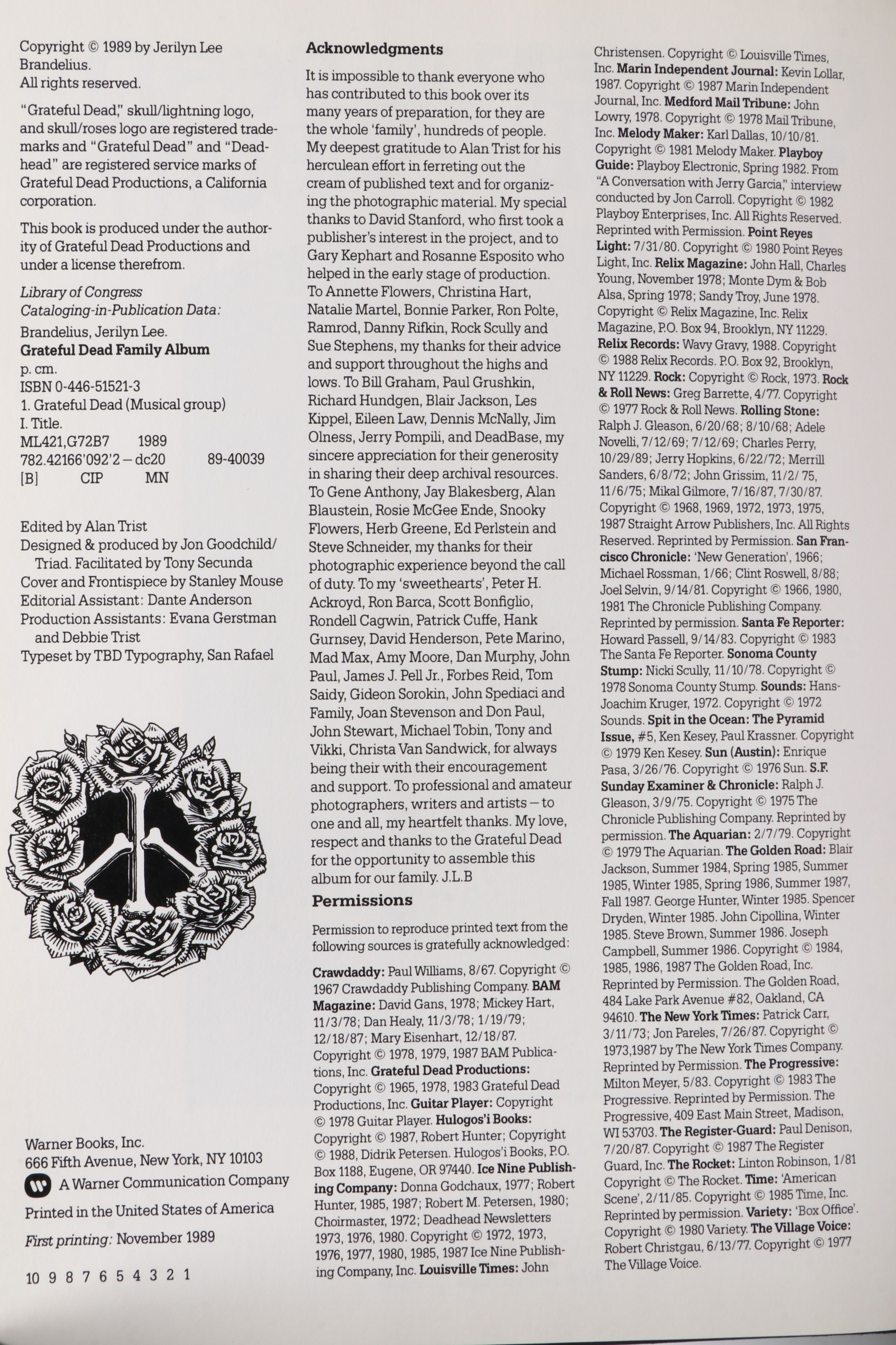 First Printing "Grateful Dead Family Album" by Jerilyn Lee Brandelius, 1989