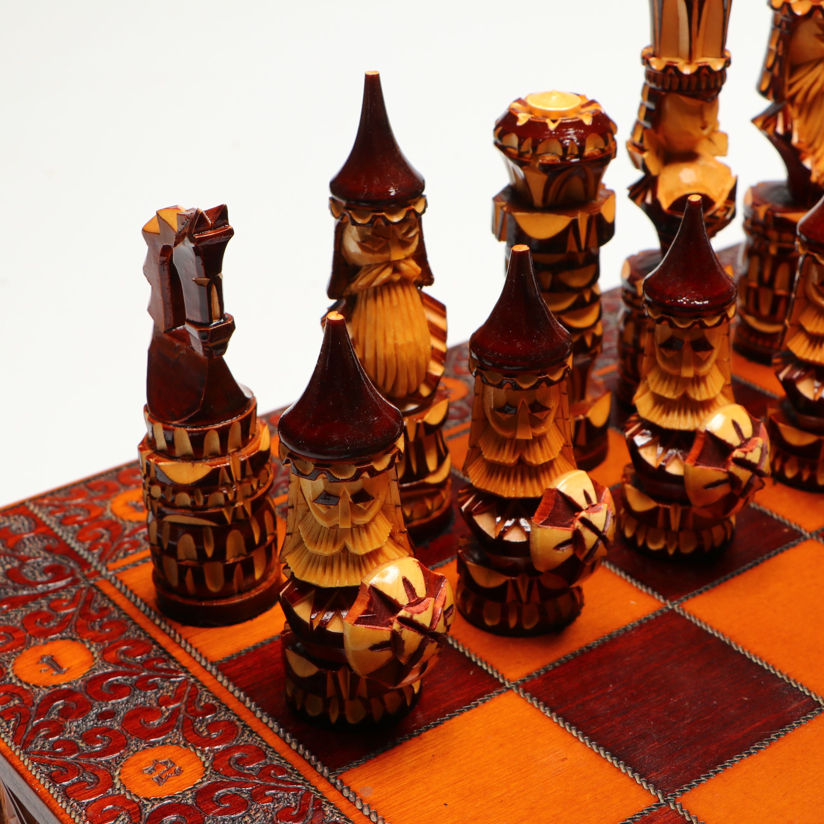 Russian Folk Art Hand-Carved Wood Chessboard and Chessmen