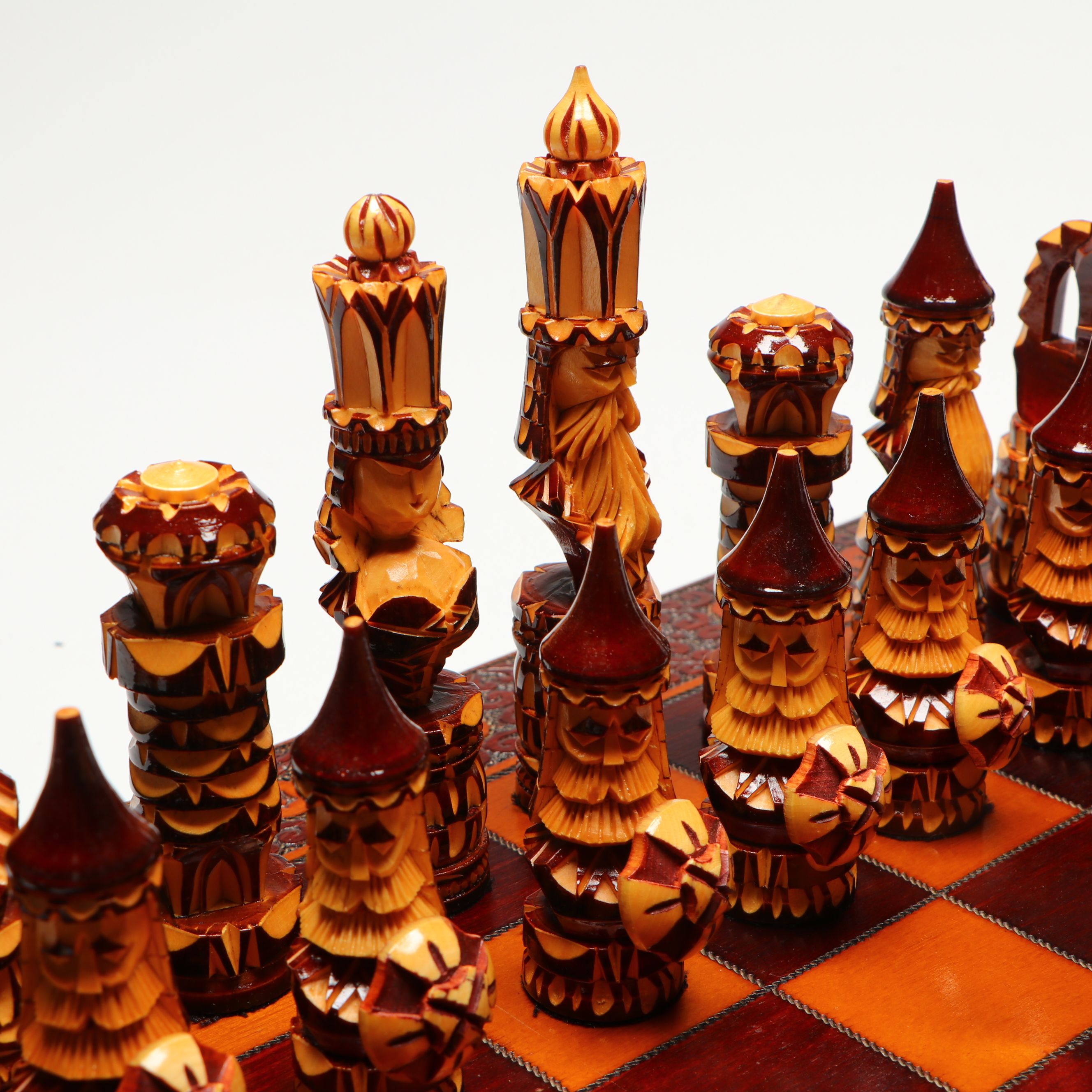 Russian Folk Art Hand-Carved Wood Chessboard and Chessmen