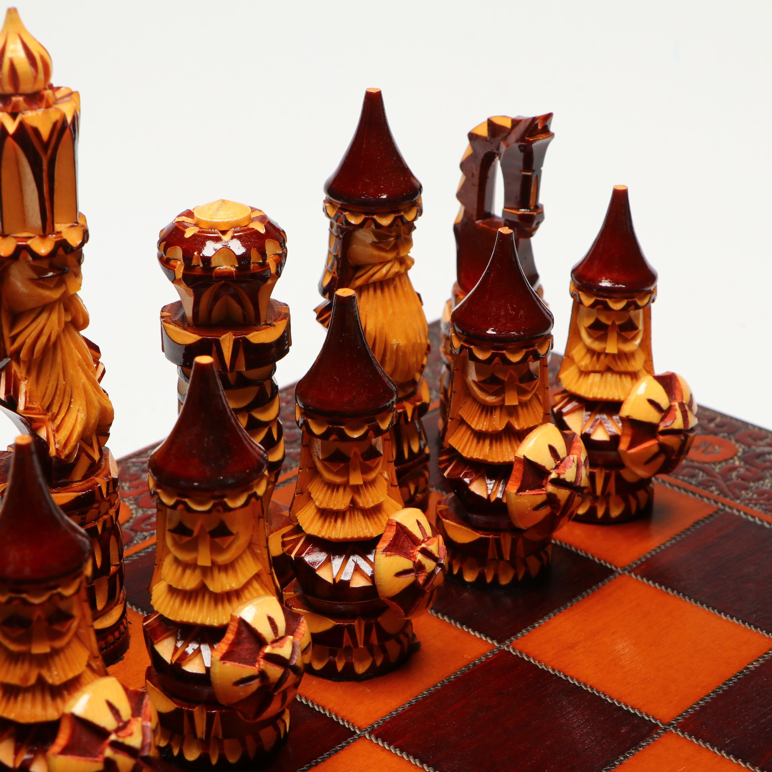 Russian Folk Art Hand-Carved Wood Chessboard and Chessmen