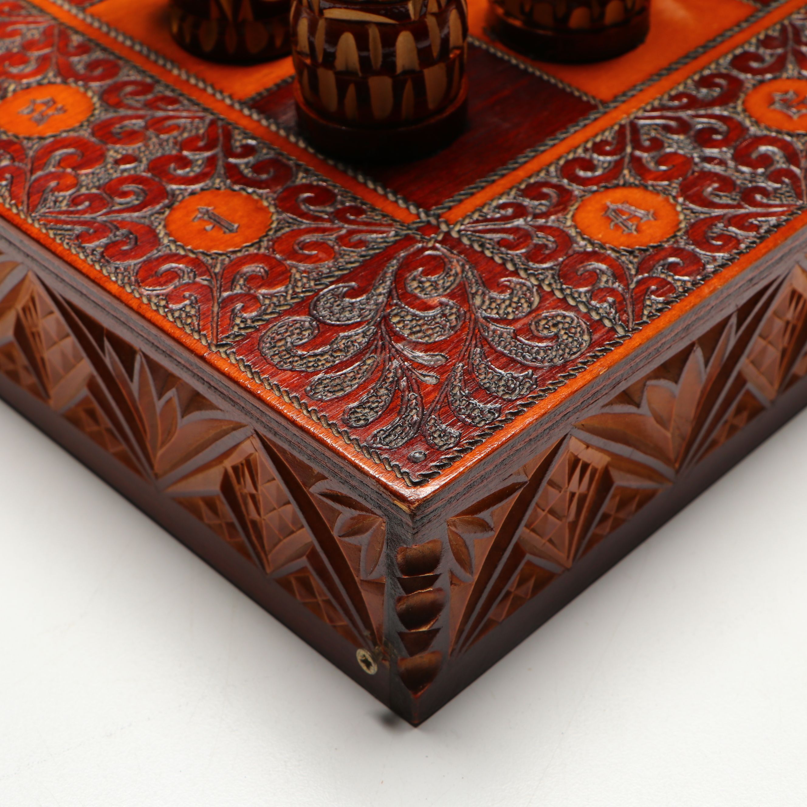 Russian Folk Art Hand-Carved Wood Chessboard and Chessmen