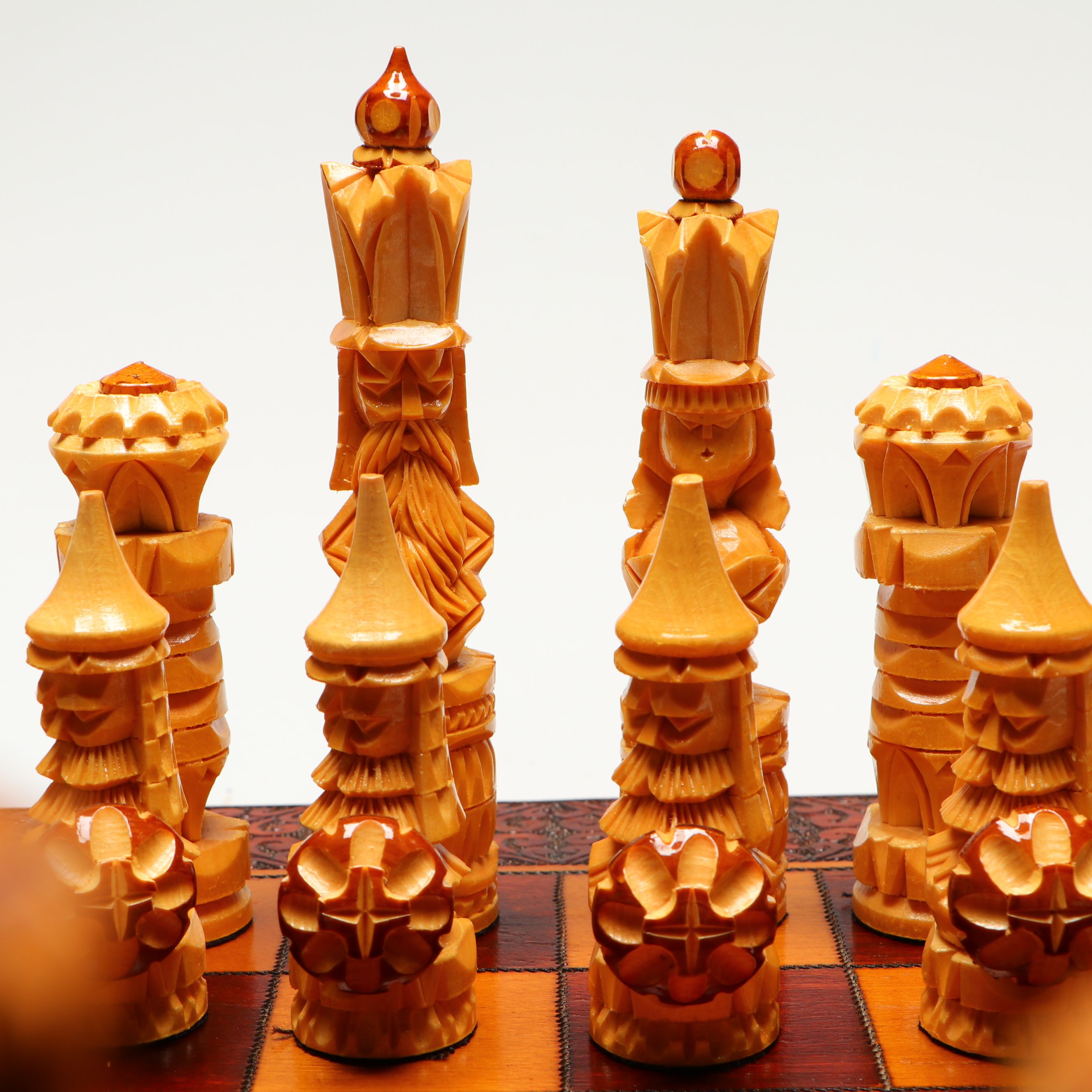 Russian Folk Art Hand-Carved Wood Chessboard and Chessmen