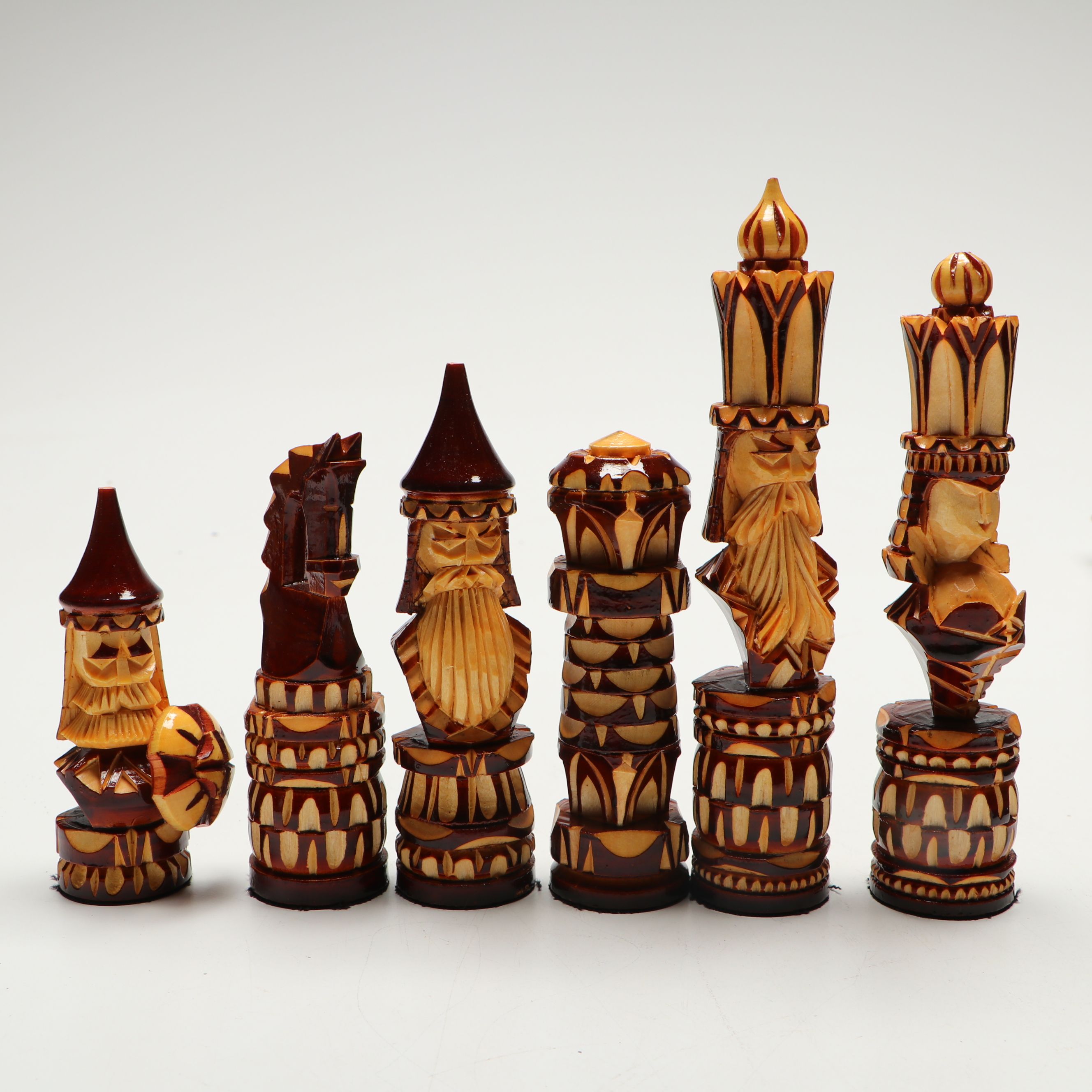 Russian Folk Art Hand-Carved Wood Chessboard and Chessmen