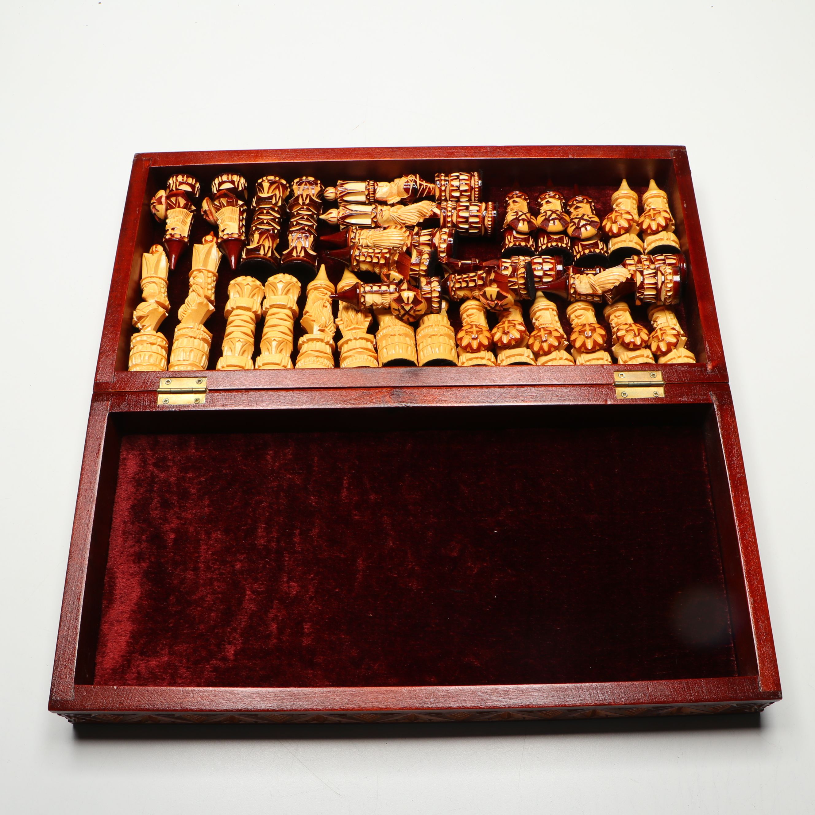 Russian Folk Art Hand-Carved Wood Chessboard and Chessmen