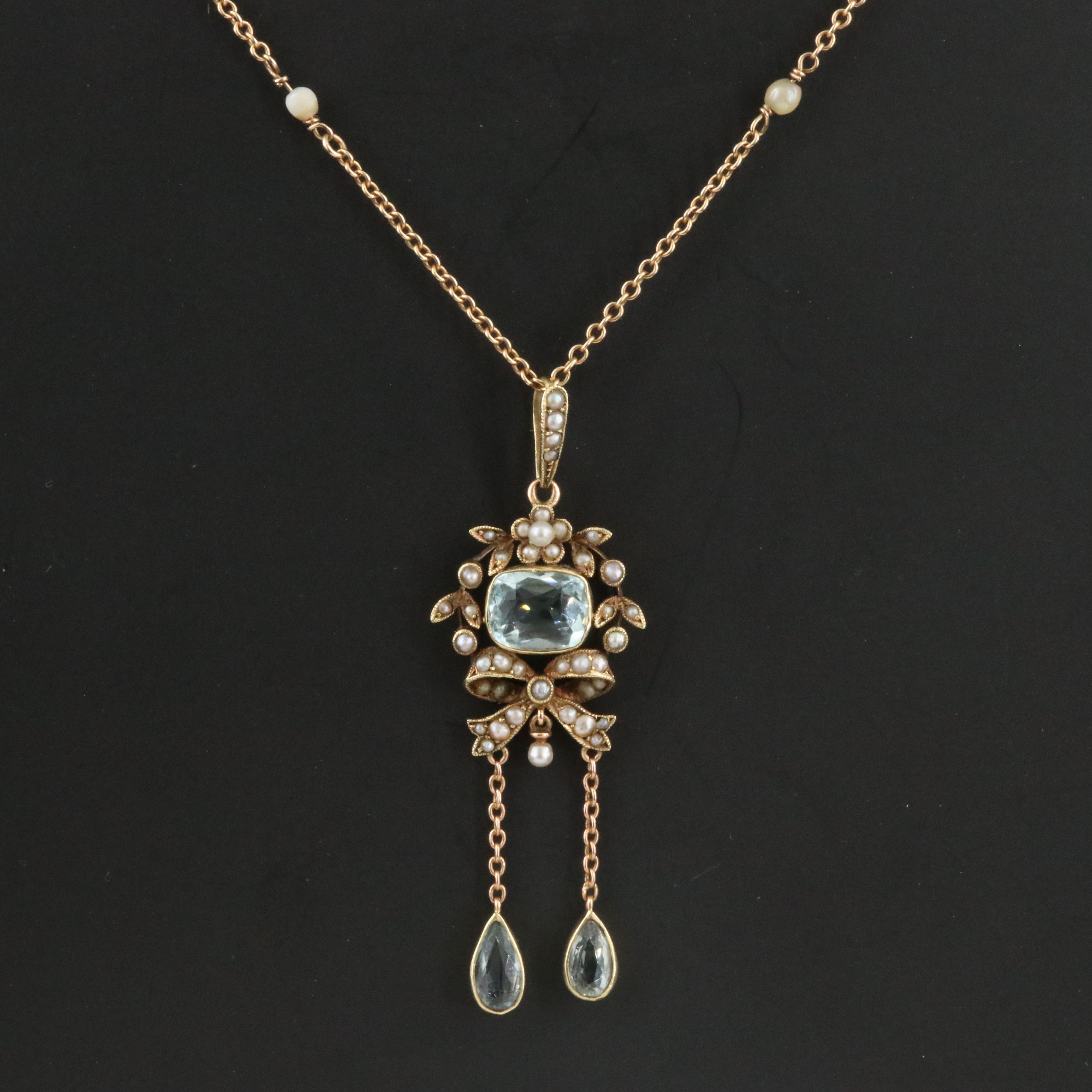 Aesthetic Period 14K Aquamarine and Pearl Négligée Pendant Necklace
