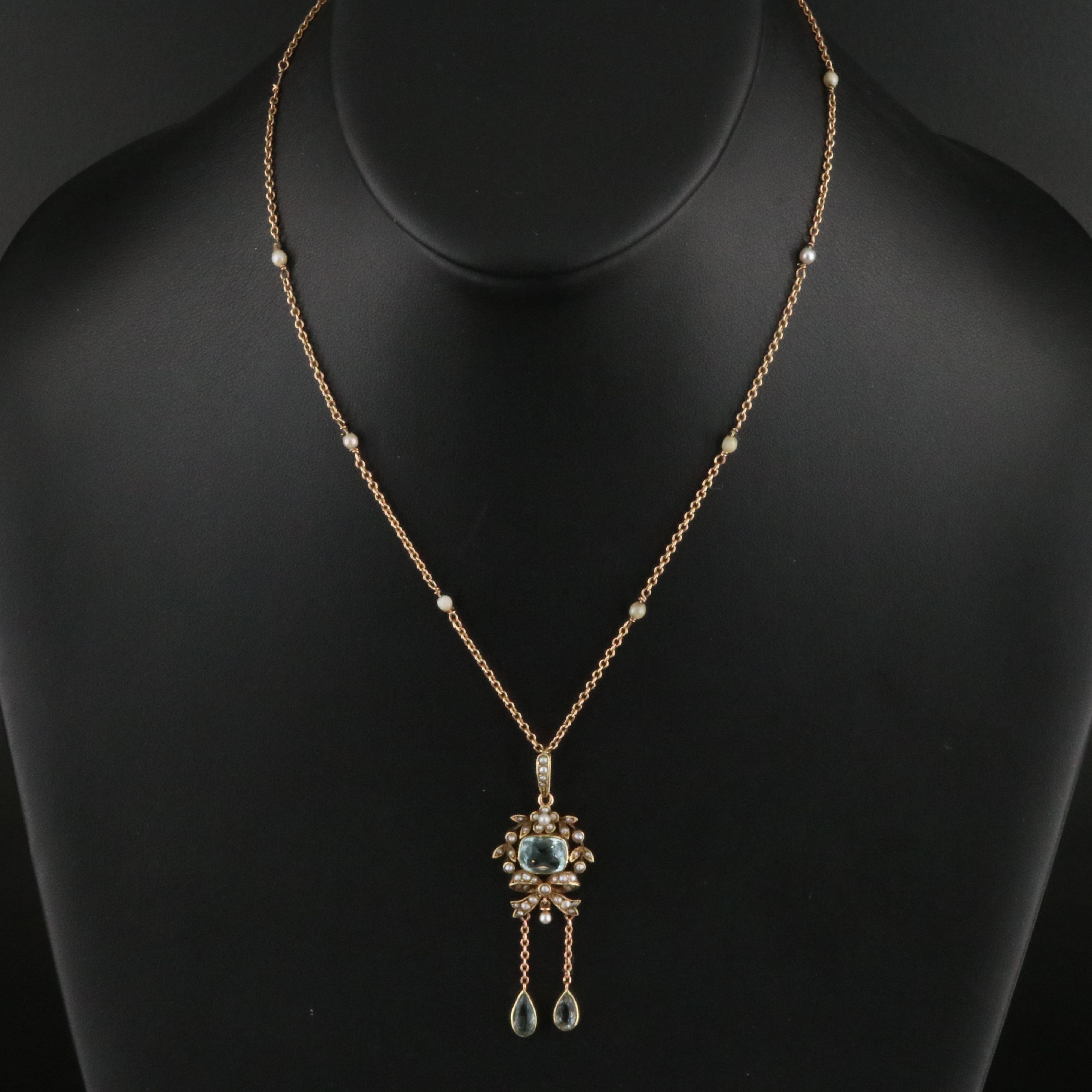 Aesthetic Period 14K Aquamarine and Pearl Négligée Pendant Necklace