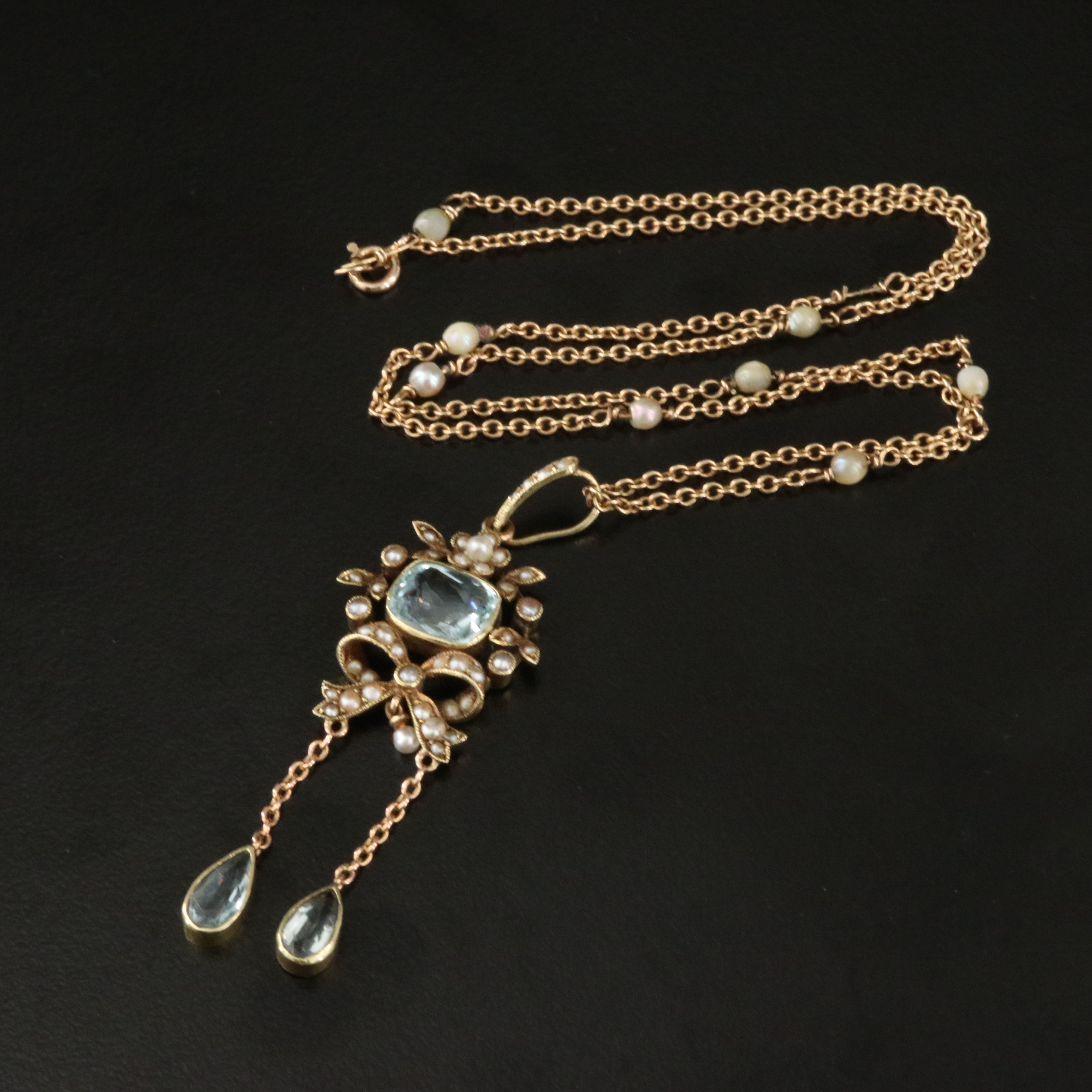 Aesthetic Period 14K Aquamarine and Pearl Négligée Pendant Necklace