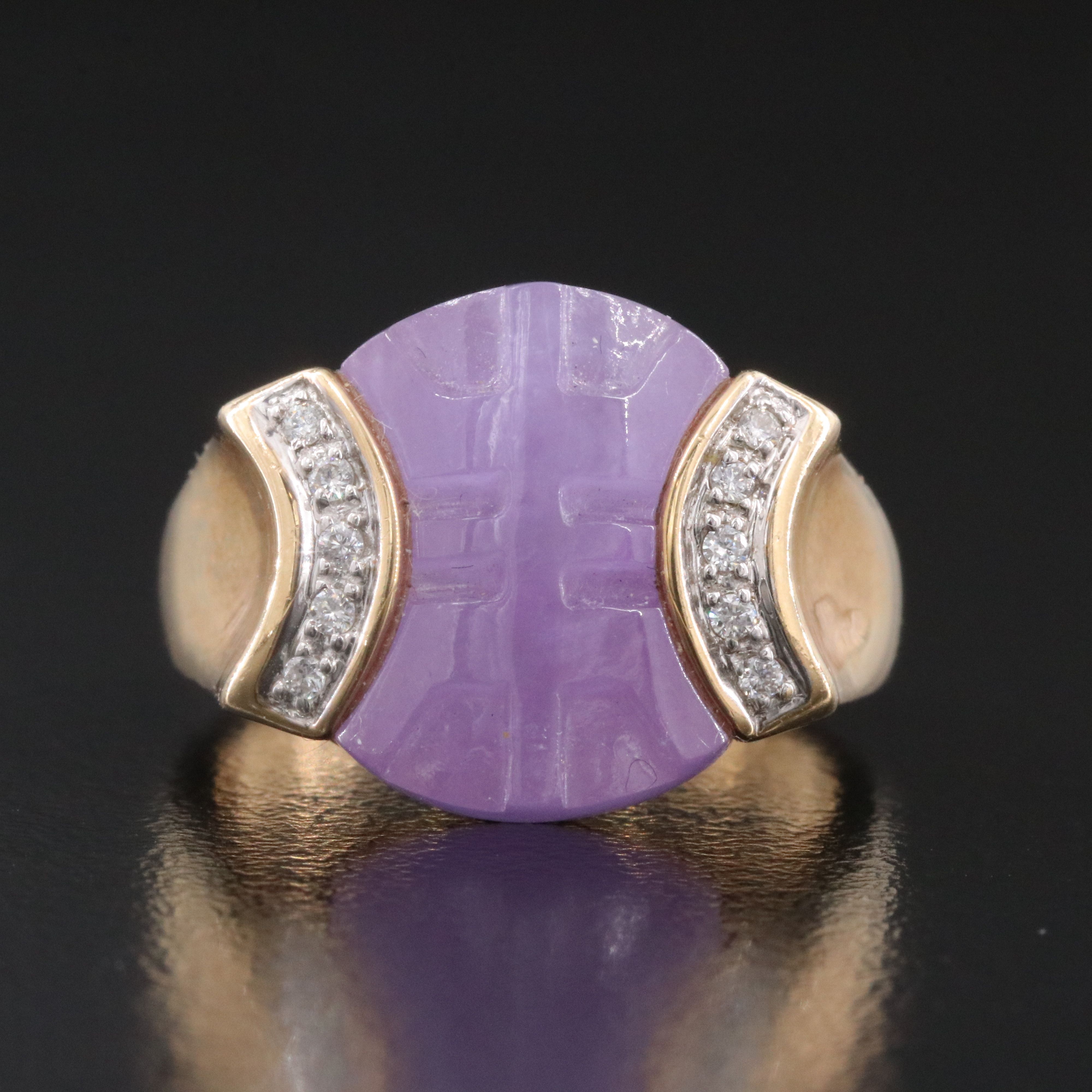14K Carved Longevity Jadeite and Diamond Ring