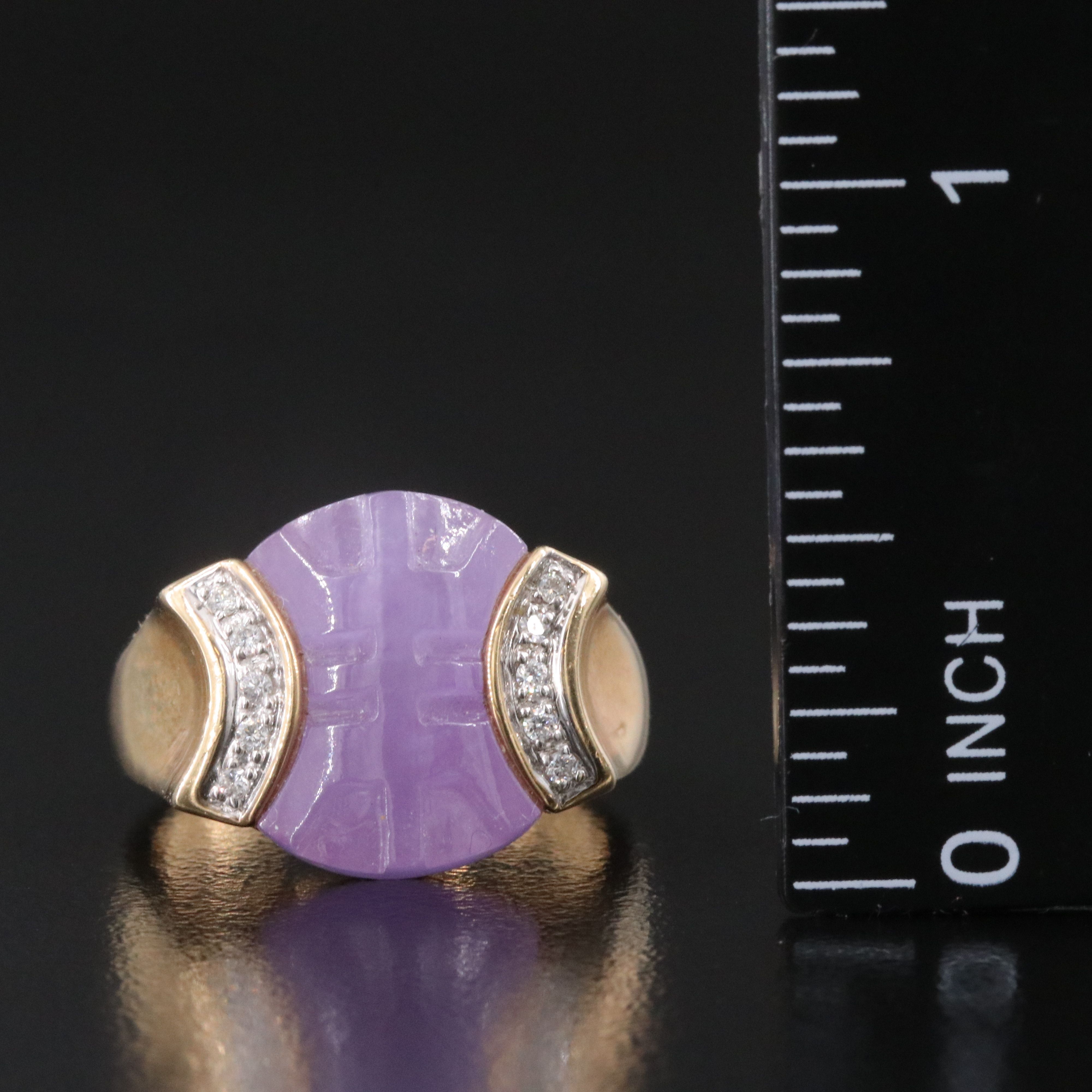14K Carved Longevity Jadeite and Diamond Ring