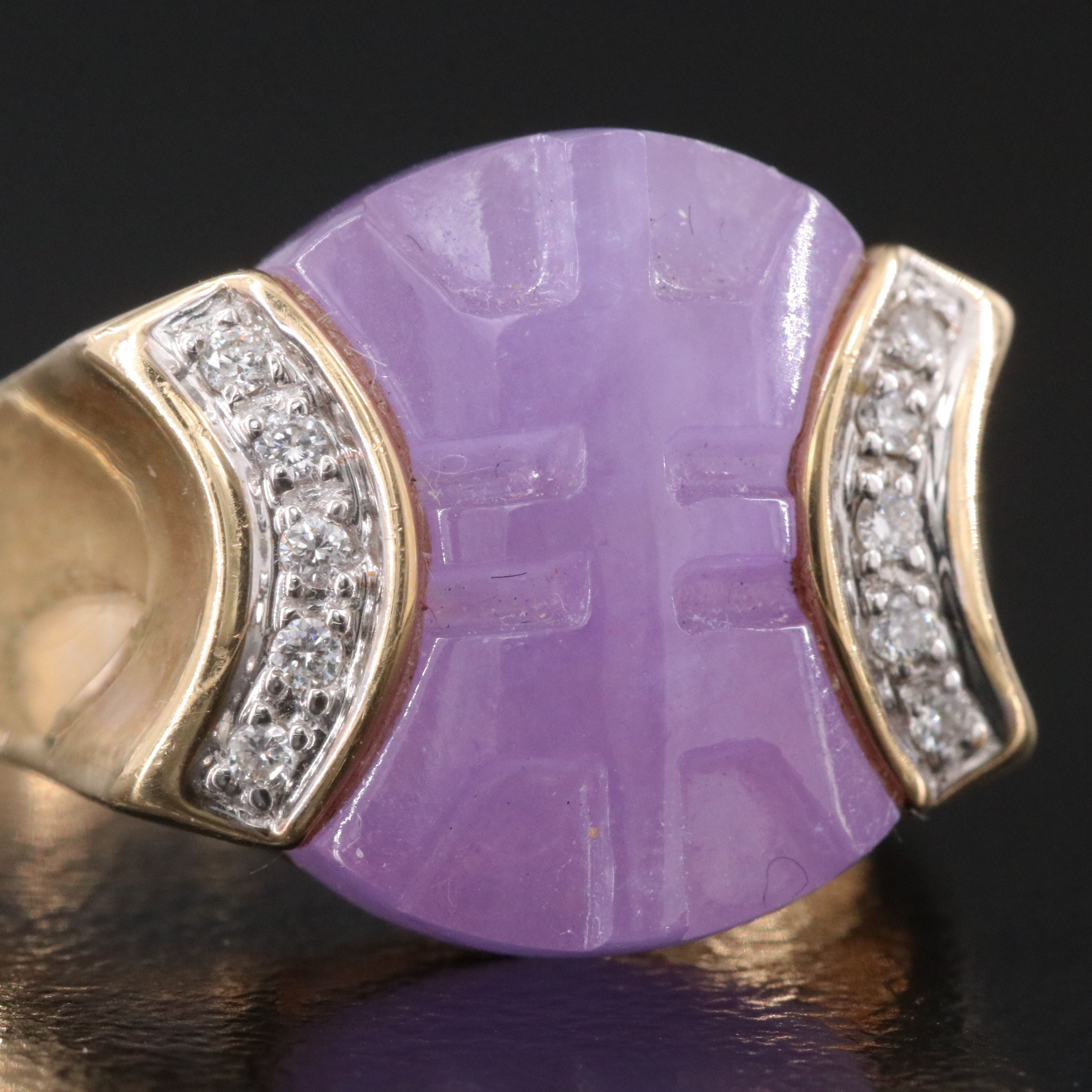 14K Carved Longevity Jadeite and Diamond Ring
