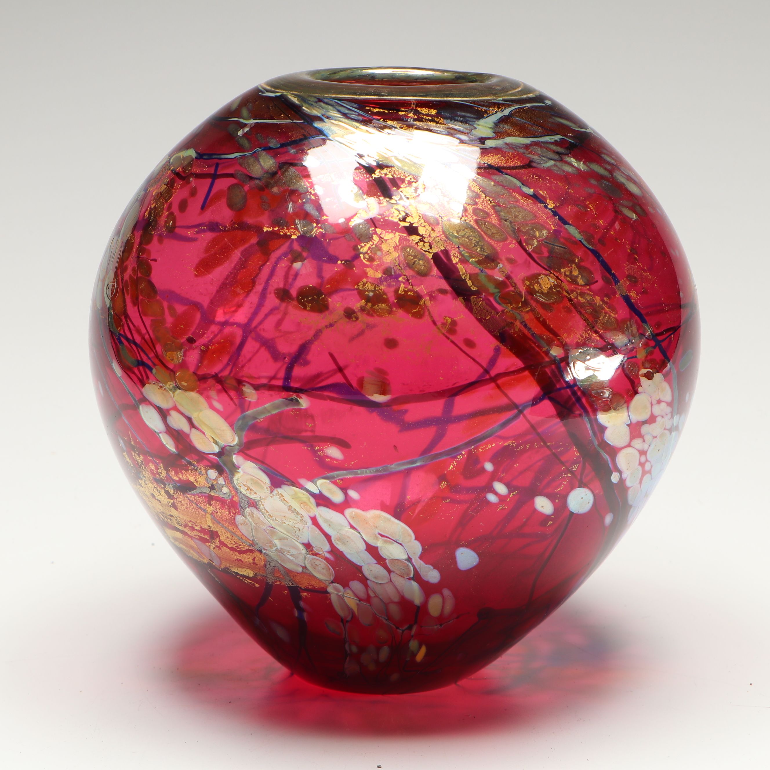 Tim Lazer Handblown Cranberry with Gold Leaf Art Glass Rose Bowl, 1994