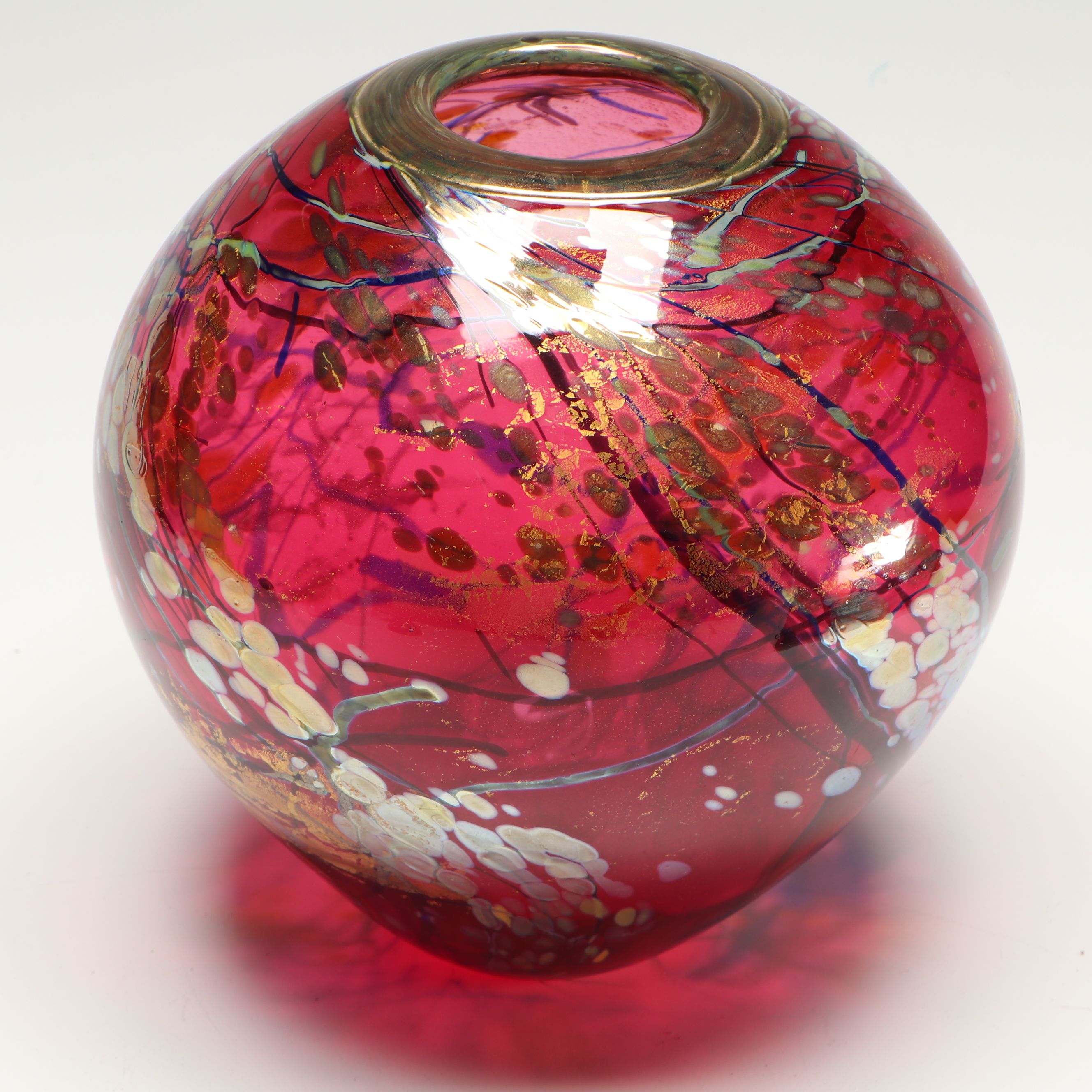 Tim Lazer Handblown Cranberry with Gold Leaf Art Glass Rose Bowl, 1994