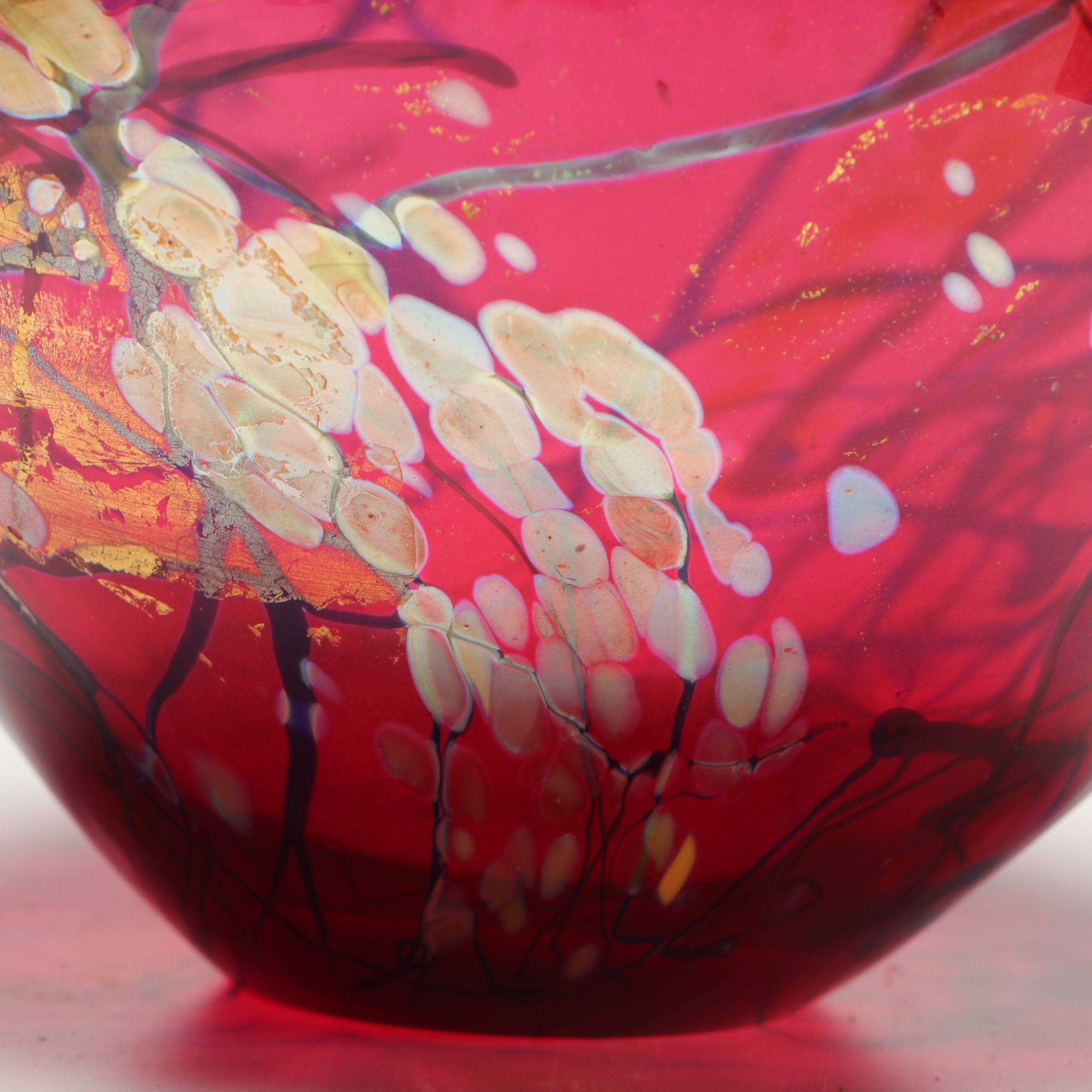 Tim Lazer Handblown Cranberry with Gold Leaf Art Glass Rose Bowl, 1994