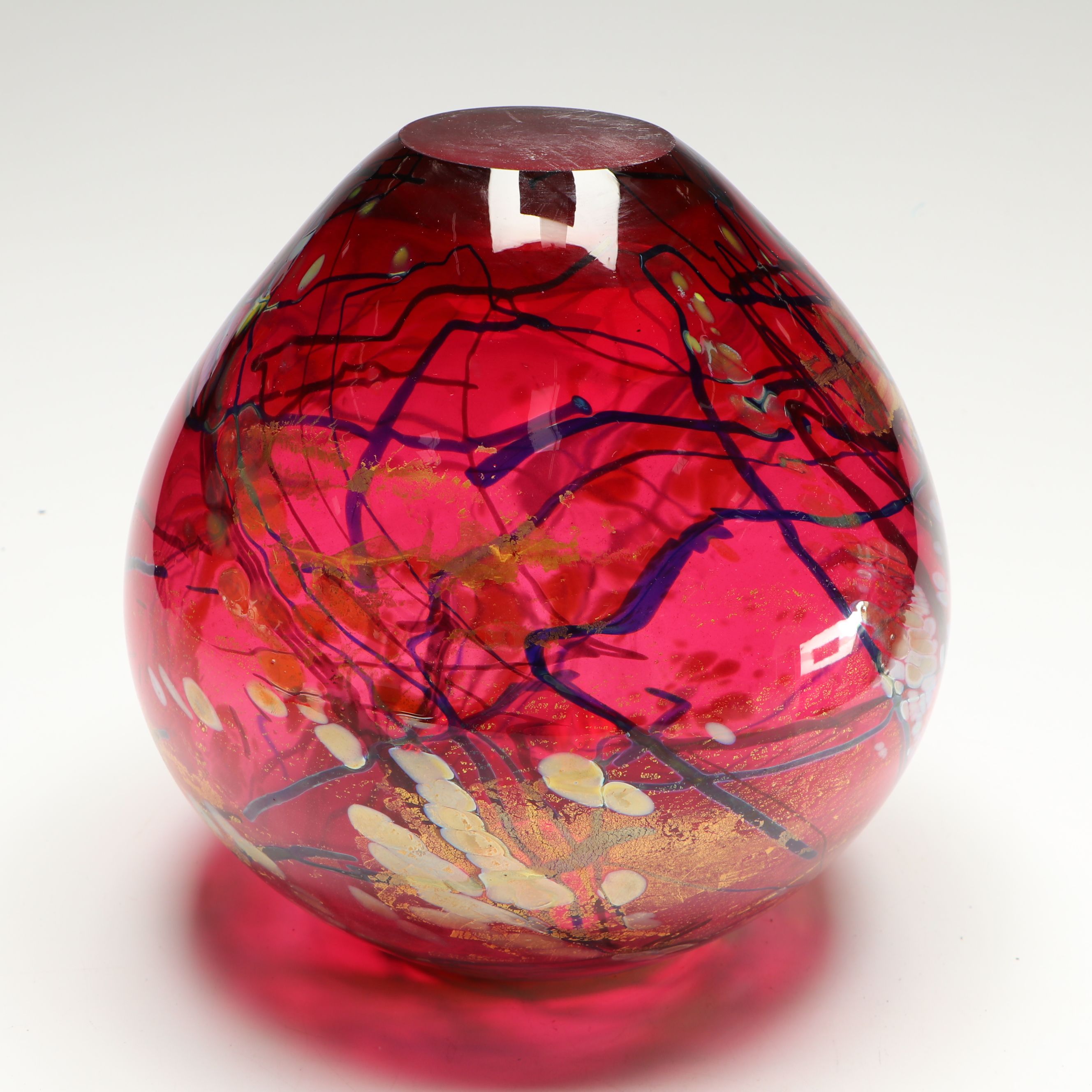 Tim Lazer Handblown Cranberry with Gold Leaf Art Glass Rose Bowl, 1994