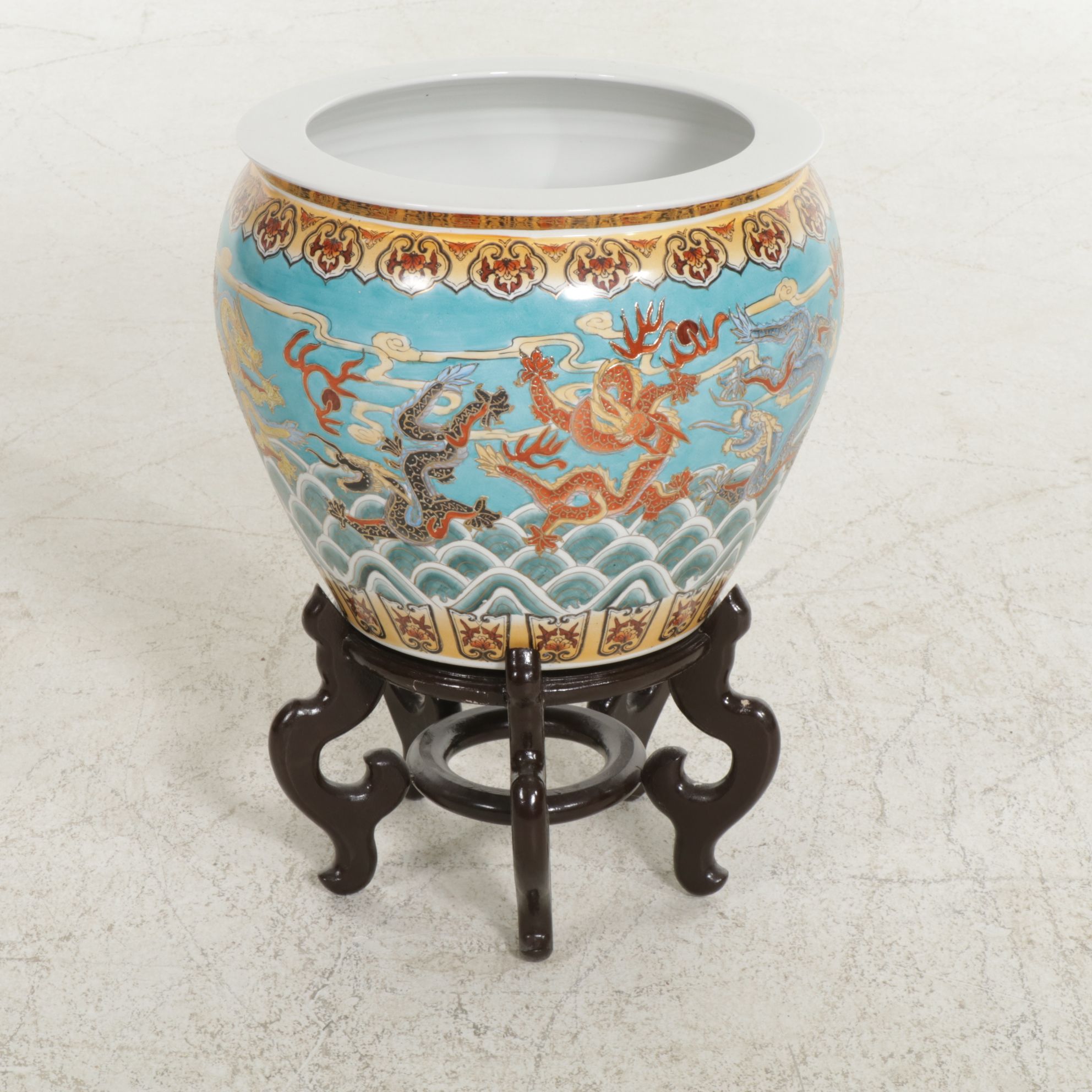 Chinese Ceramic Fishbowl Planter with Carved Wood Stand