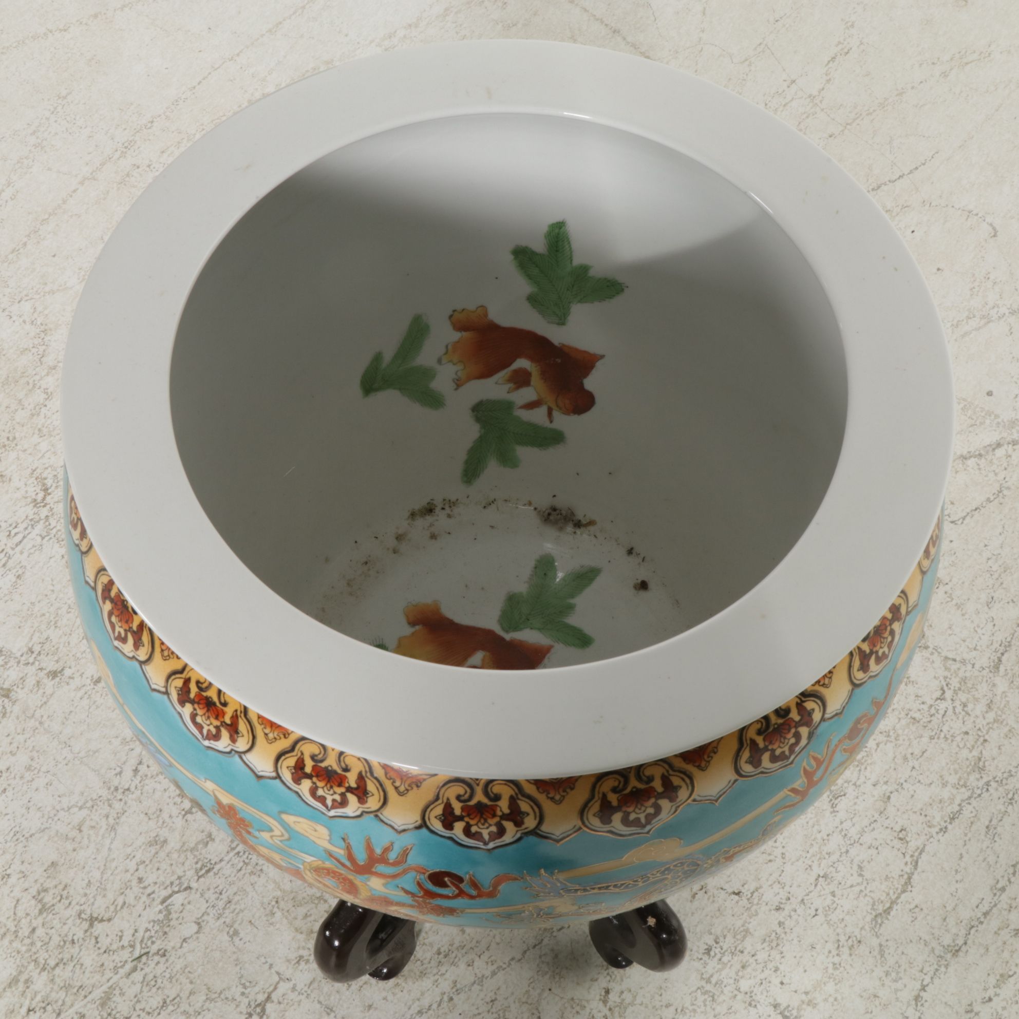 Chinese Ceramic Fishbowl Planter with Carved Wood Stand