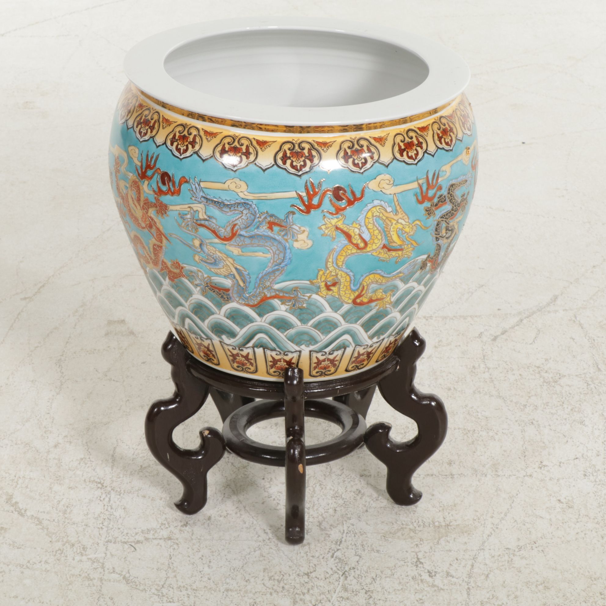 Chinese Ceramic Fishbowl Planter with Carved Wood Stand