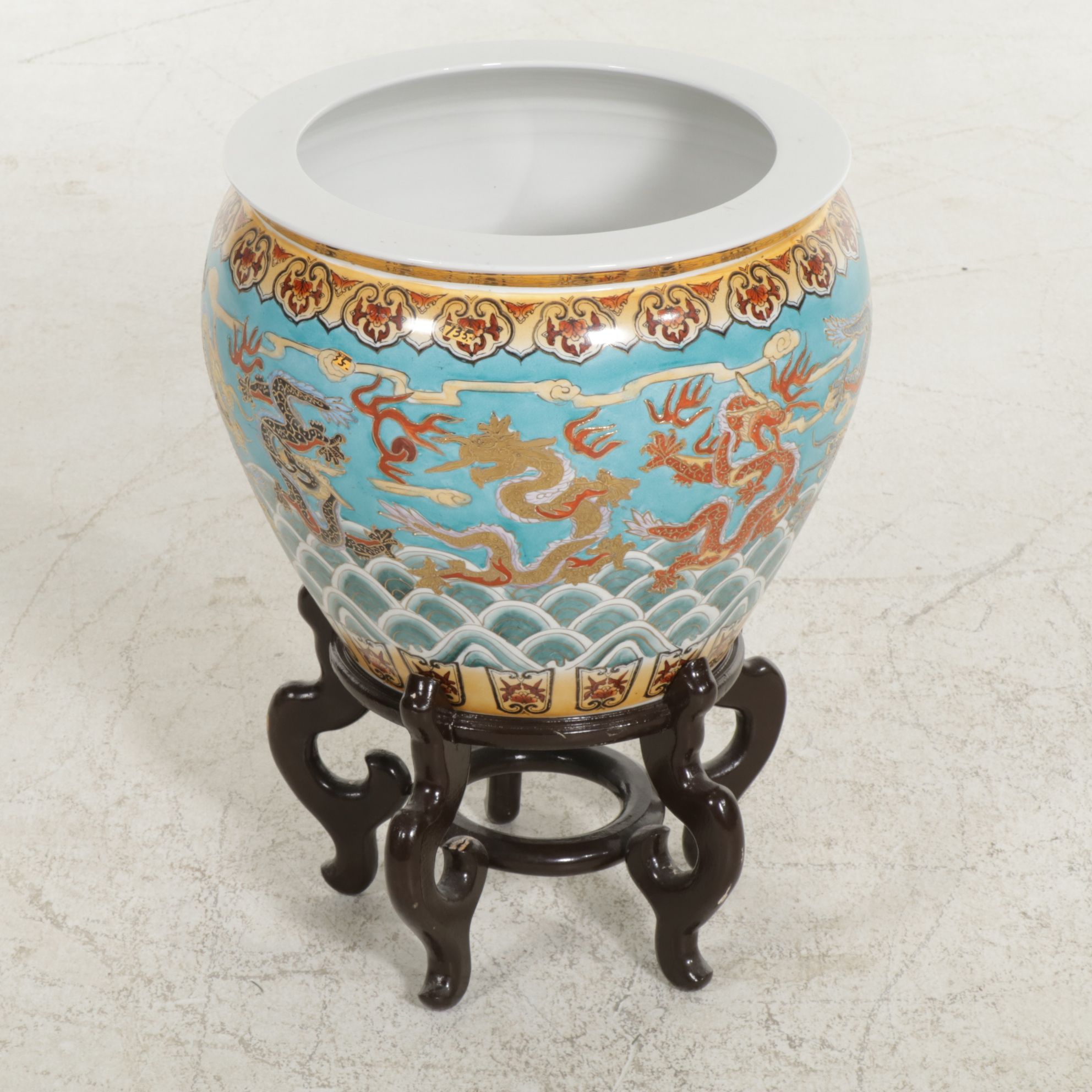 Chinese Ceramic Fishbowl Planter with Carved Wood Stand