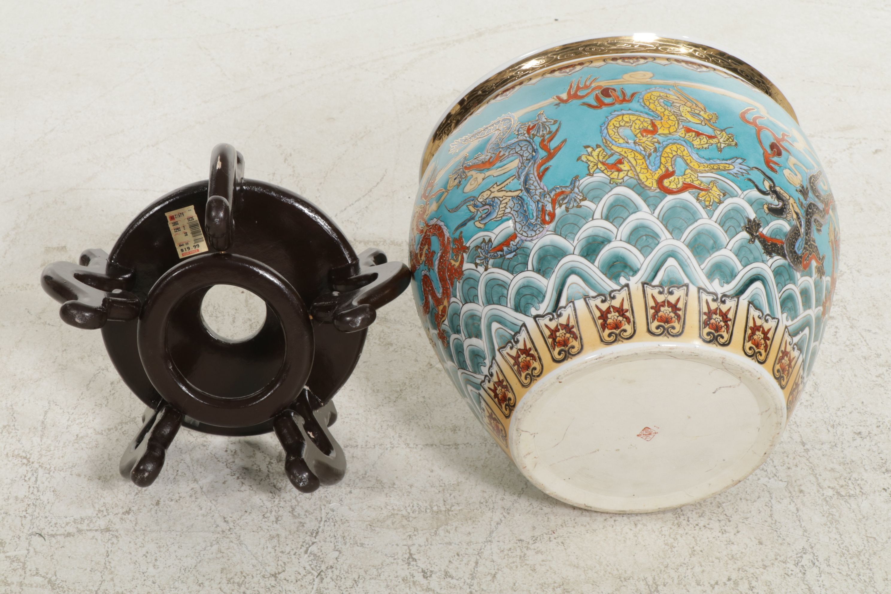 Chinese Ceramic Fishbowl Planter with Carved Wood Stand