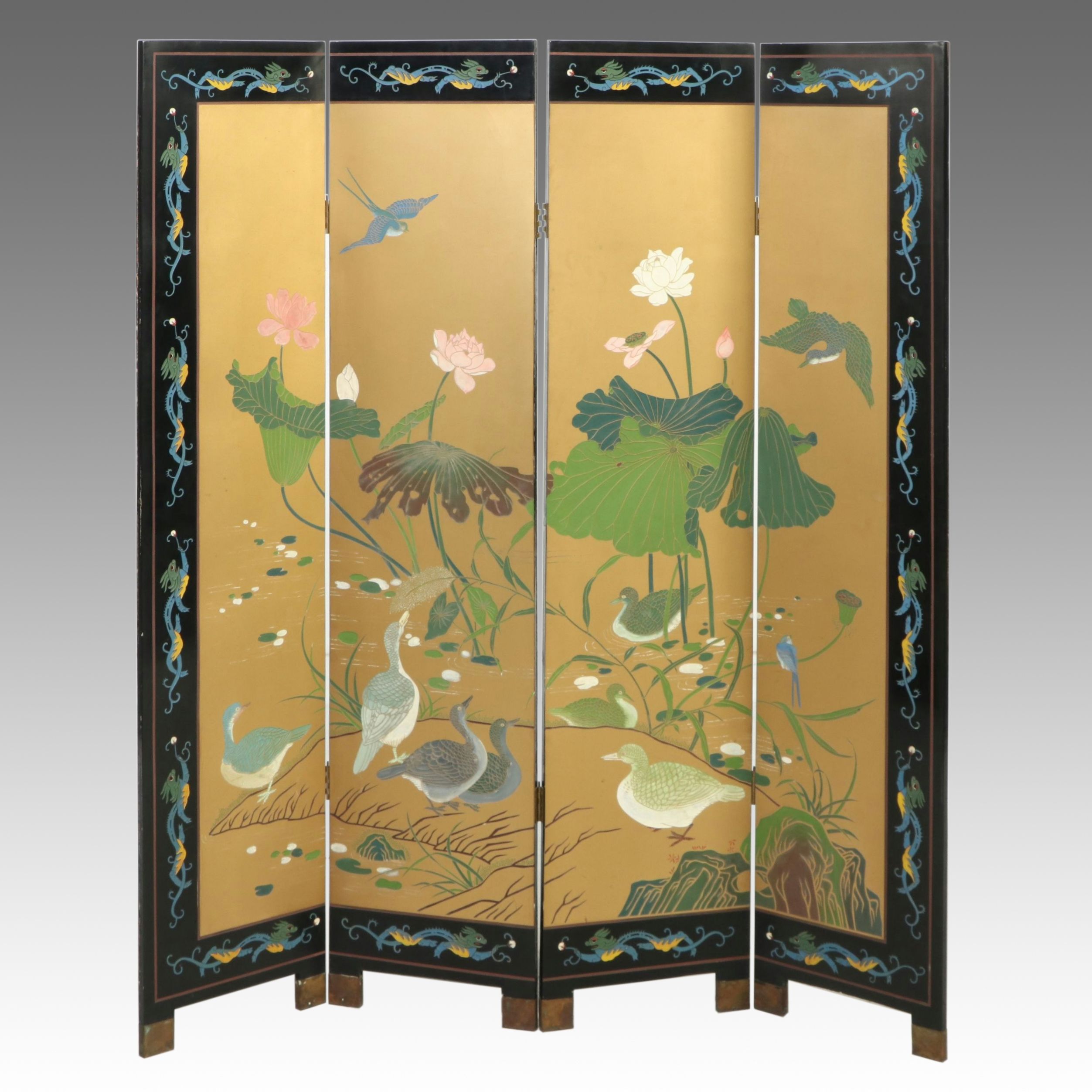 Chinese Four-Panel Reversible Lacquered Room Divider, Late 20th Century