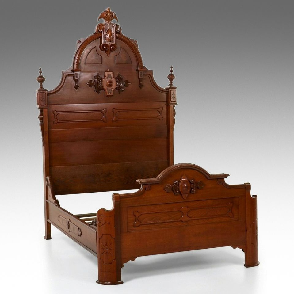 Eastlake Carved Walnut and Burl full Size Bed Frame